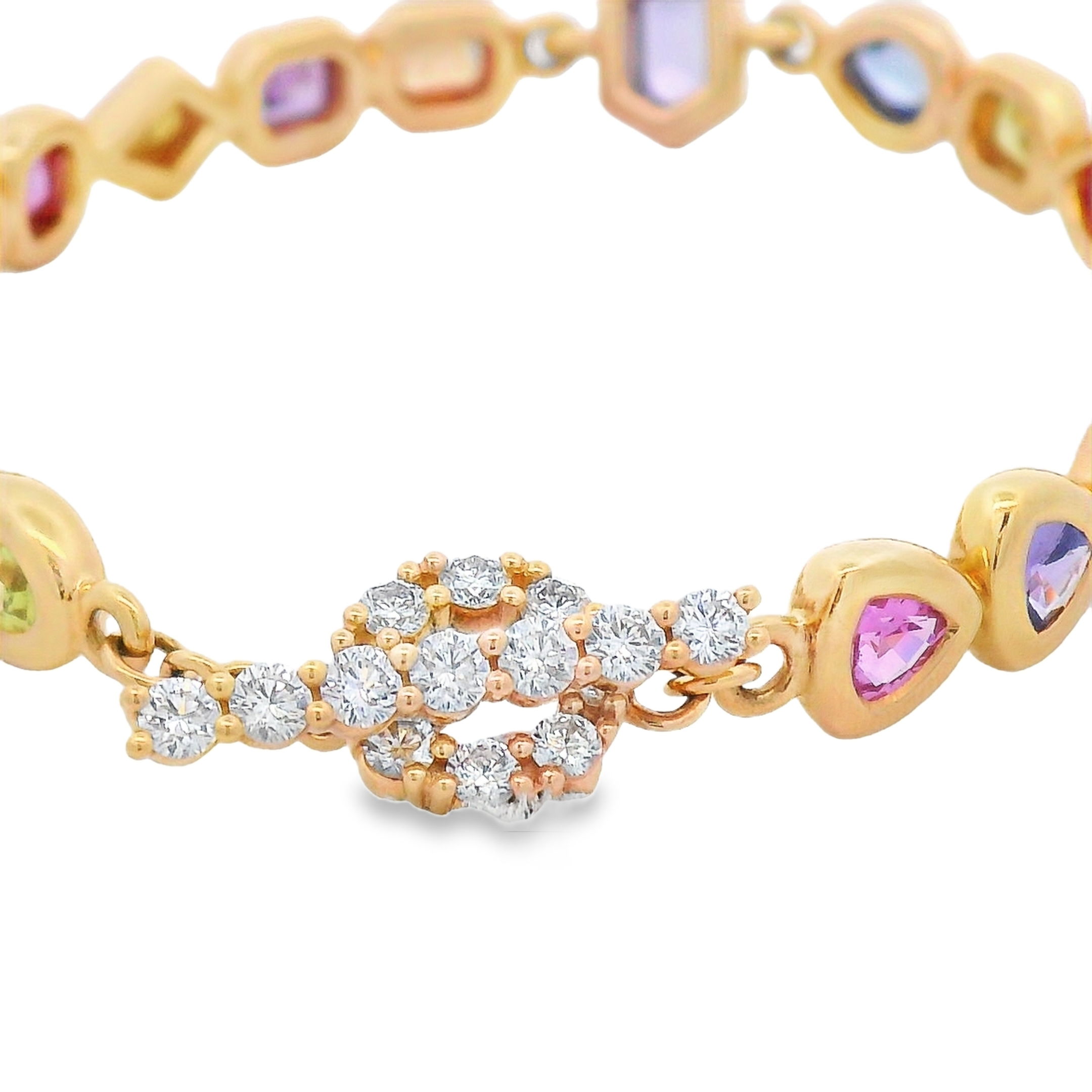 Erica Courtney presents this 18k yellow gold bracelet adorned with rich sapphires and sparkling round diamonds. Elegant and vibrant, it’s the perfect piece to bring a touch of luxury to any outfit.-18k Yellow gold-Sapphire, 6.42cts-Round diamonds, 0.86cts-Length 6.5-7"Item# 808-2000137 Multicolor Sapphire Bracelet