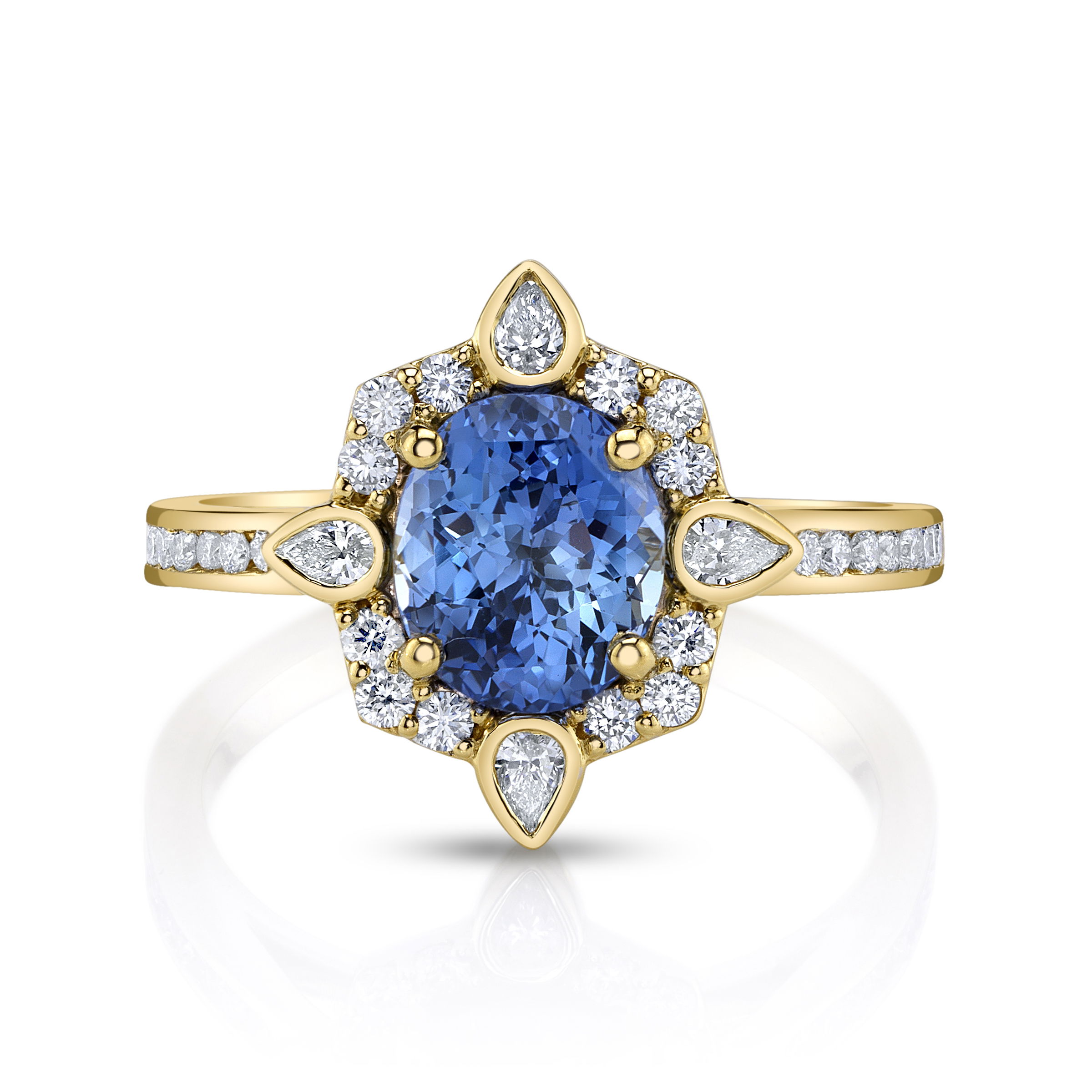 This exquisite ring showcases a Sri Lanka sapphire set in 18k yellow gold, surrounded by multi-shaped diamonds. Its unique design combines vibrant color with a captivating sparkle, making it a standout piece for any collection.-18k Yellow gold-Sri Lanka oval blue sapphire, 2.14ct-Multi-shaped diamonds, 0.54ctsItem# ND-Ring-00006 Oasis Ring