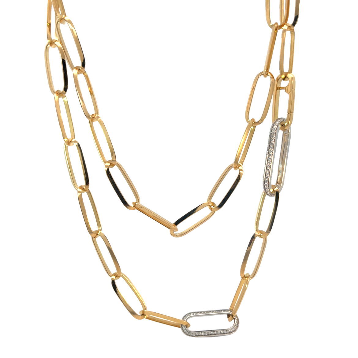 This paperclip necklace features a stunning blend of polished gold links, with select accent links adorned with sparkling diamonds. The mix of simple and diamond-enhanced links creates a sophisticated contrast, making this piece a standout accessory.-18k Yellow and white gold-Round diamonds, 1.28cts-Chain length, 25.5"Item# 807-2000187 Opera Length Two-Tone Necklace with Diamond Accents