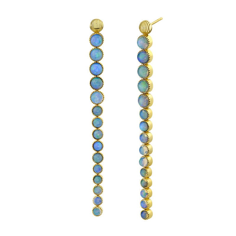Carefully crafted in Southern California, this piece adapts to any style, whether you’re dressing up for a special event or adding a touch of elegance to your everyday look.-18k Yellow gold-Round Ethiopian opals, 6.74ctsItem# 805-2000288 Ethiopian Opal Bubble Stick Earrings