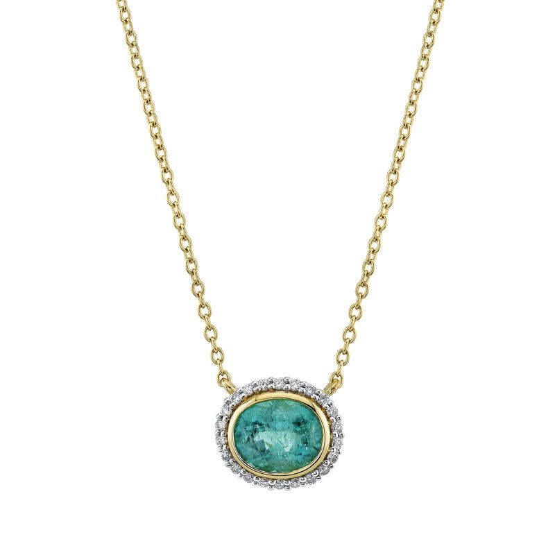Created in Southern California, with a simple design that shines, this piece offers a radiant look that pairs perfectly with everything.-18k Yellow gold-Oval blue Paraiba Tourmaline, 1.15ct-Round white diamonds, 0.11cts-Chain length, 16"-18"Item# 807-2000188 Oval Paraiba Tourmaline Pendant