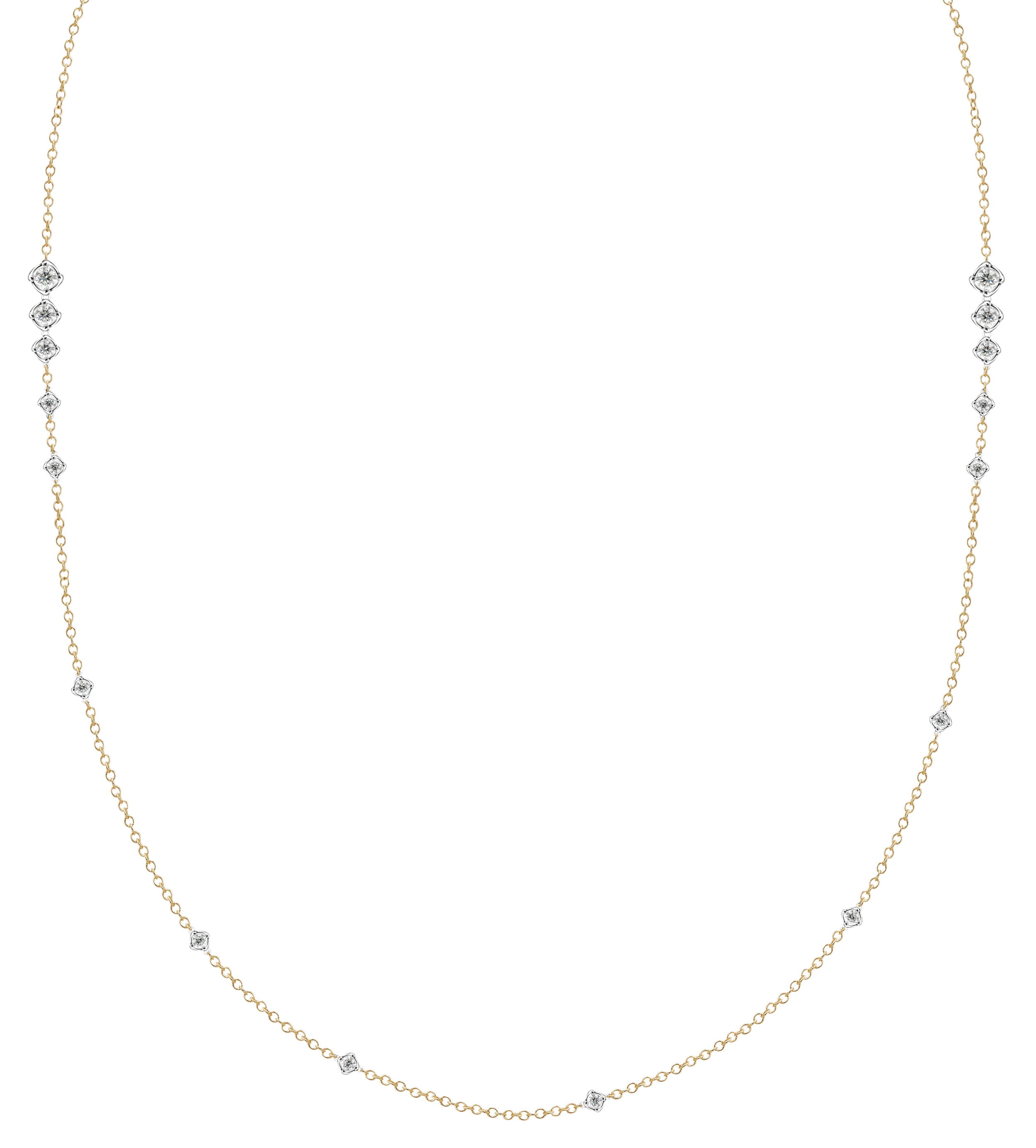Delicate and refined, this diamonds by the yard-style necklace features sparkling diamonds individually set in twisted faux bezels. The elegant design adds subtle texture while keeping the focus on each brilliant stone. Perfect for everyday luxury or effortless layering.-18k Yellow gold-Round diamonds, 0.95cts-Length, 20 inchesItem# 807-2000191 Diamond Station Necklace