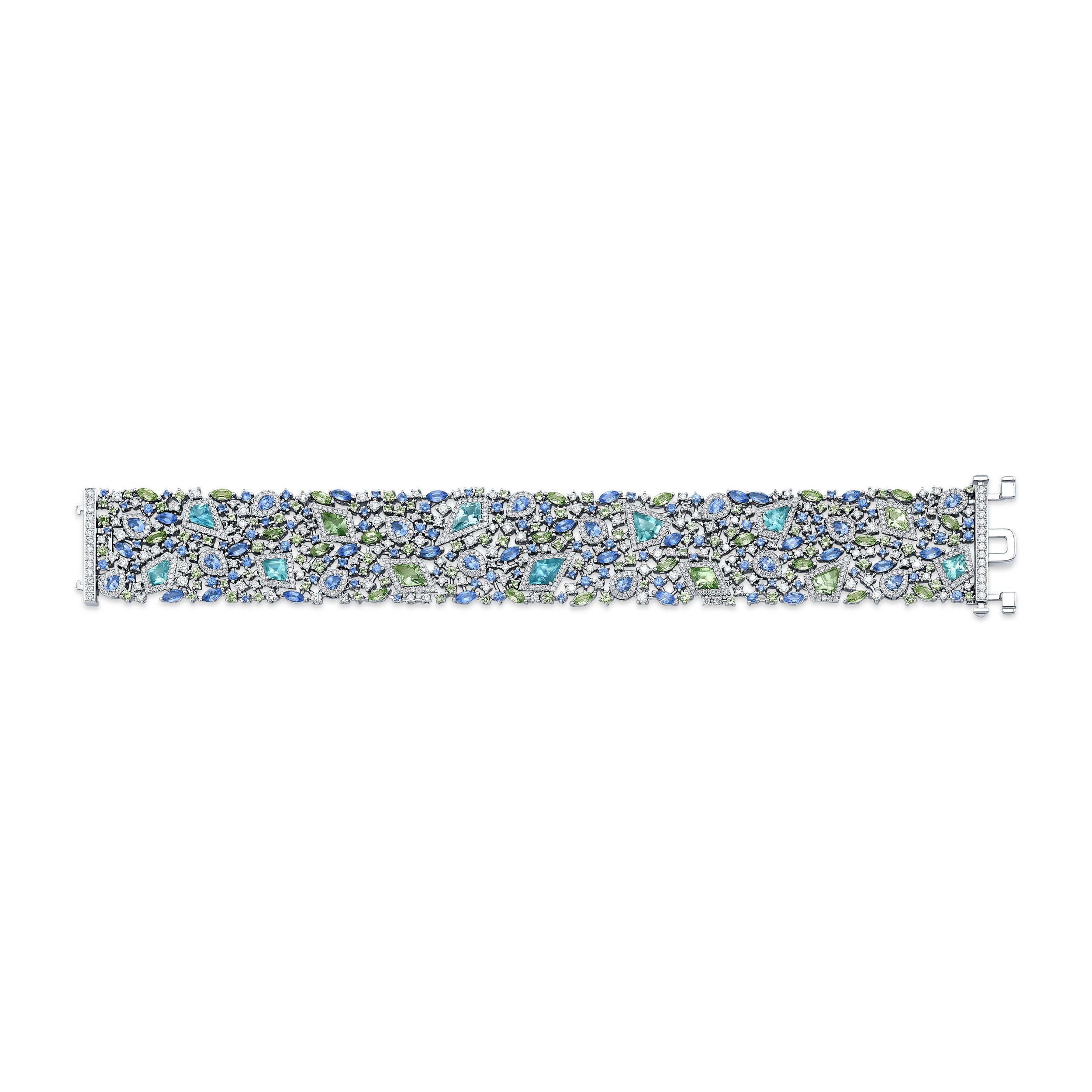 This platinum bracelet features a stunning mix of Montana and green sapphires accented by round diamonds. Elegant and unique, it brings a fresh touch of color and sparkle to any occasion.-Platinum-Montana sapphire, 10.02ct-Green sapphire, 15.86ct-Round diamonds, 5.91cts-7.5"Item# 240-2000010 Montana Sapphire Parisian Bracelet