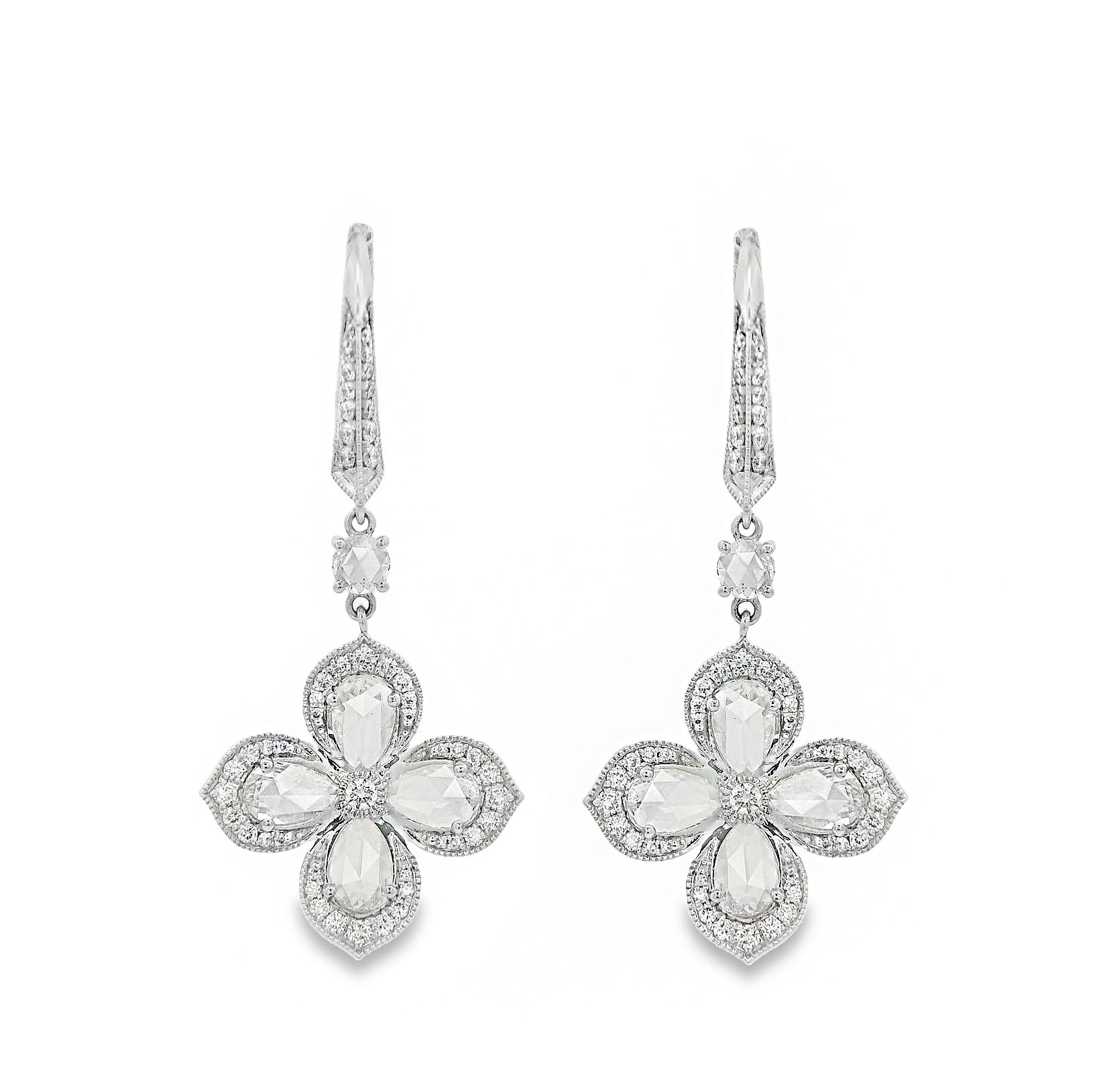 Exquisitely combining the beauty of natural diamonds and modern unique design, Fancy Creations showcases their signature laser cut diamonds and exceptional creativity within every piece, each more fascinating than the last.-18k White gold-Diamonds, 2.55ctsItem# 805-2000292 Flower Drop Earrings