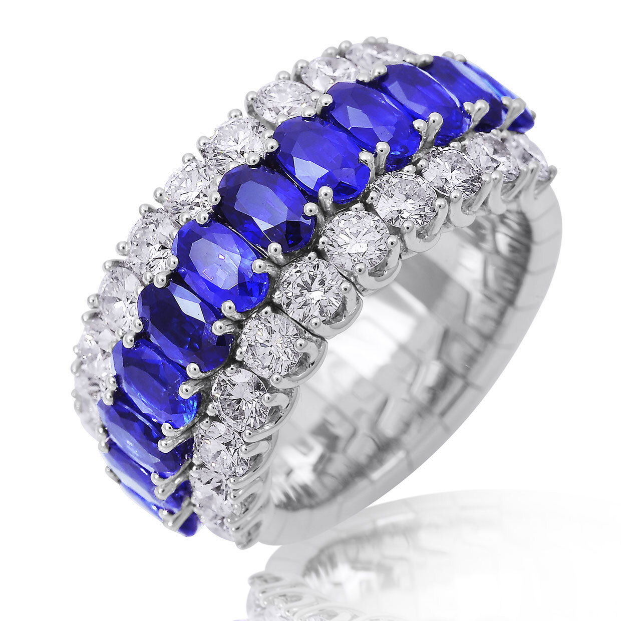 The Xpandable Collection is a revolutionary new line of rings and bracelets that features an innovative technology that solves the problems of tailoring and comfort.-18k White gold-Oval Blue Sapphires, 3.64cts-Round diamonds, 1.94cts-Expandable Size, Contact for sizing optionsItem# 200-2000041 Xpandable Sapphire & Diamond Band