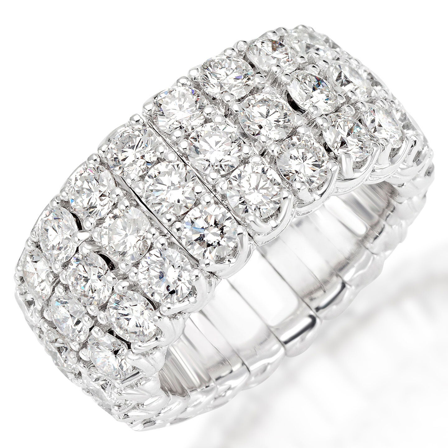 The Xpandable Collection is a revolutionary new line of rings and bracelets that features an innovative technology that solves the problems of tailoring and comfort.-Platinum-Round diamonds, 5.88cts-Expandable Size, Contact for sizing options.Item# 130-2000015 Xpandable Eternity Band
