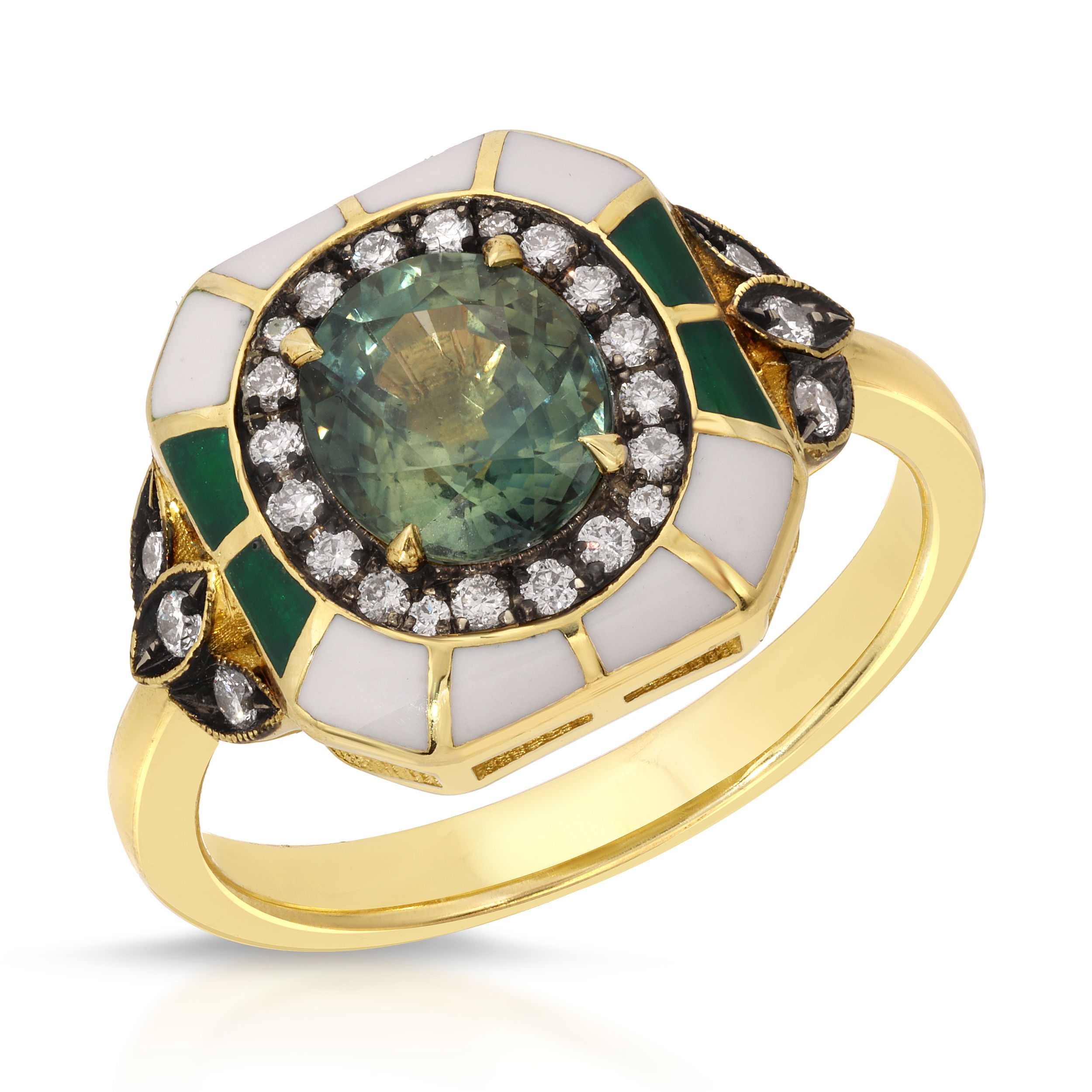 LORD Jewelry is a boutique fine jewelry atelier known for its masterful craftsmanship, intricate designs, and colorful collections. Lena and Sinork Agdere, the father-daughter team behind the Los Angeles based brand, is committed to creating unique, luxurious and timeless jewelry for connoisseurs of fine art and high fashion. Specializing in enamel work, a Lord piece is a great addition to any collection. -18K Yellow Gold-Round diamonds, 0.23cts-Green Sapphire, 1.78ct-Size 7Item# 804-2000153 Green Sapphire & Enamel Ring