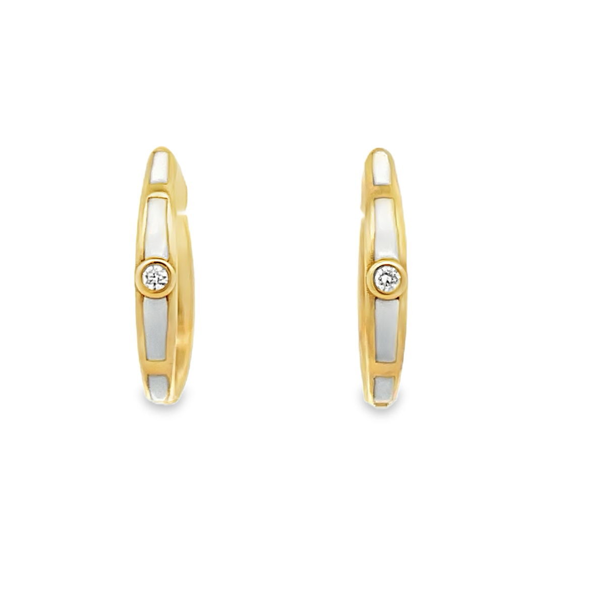 White Enamel & Diamond Hoop Earrings