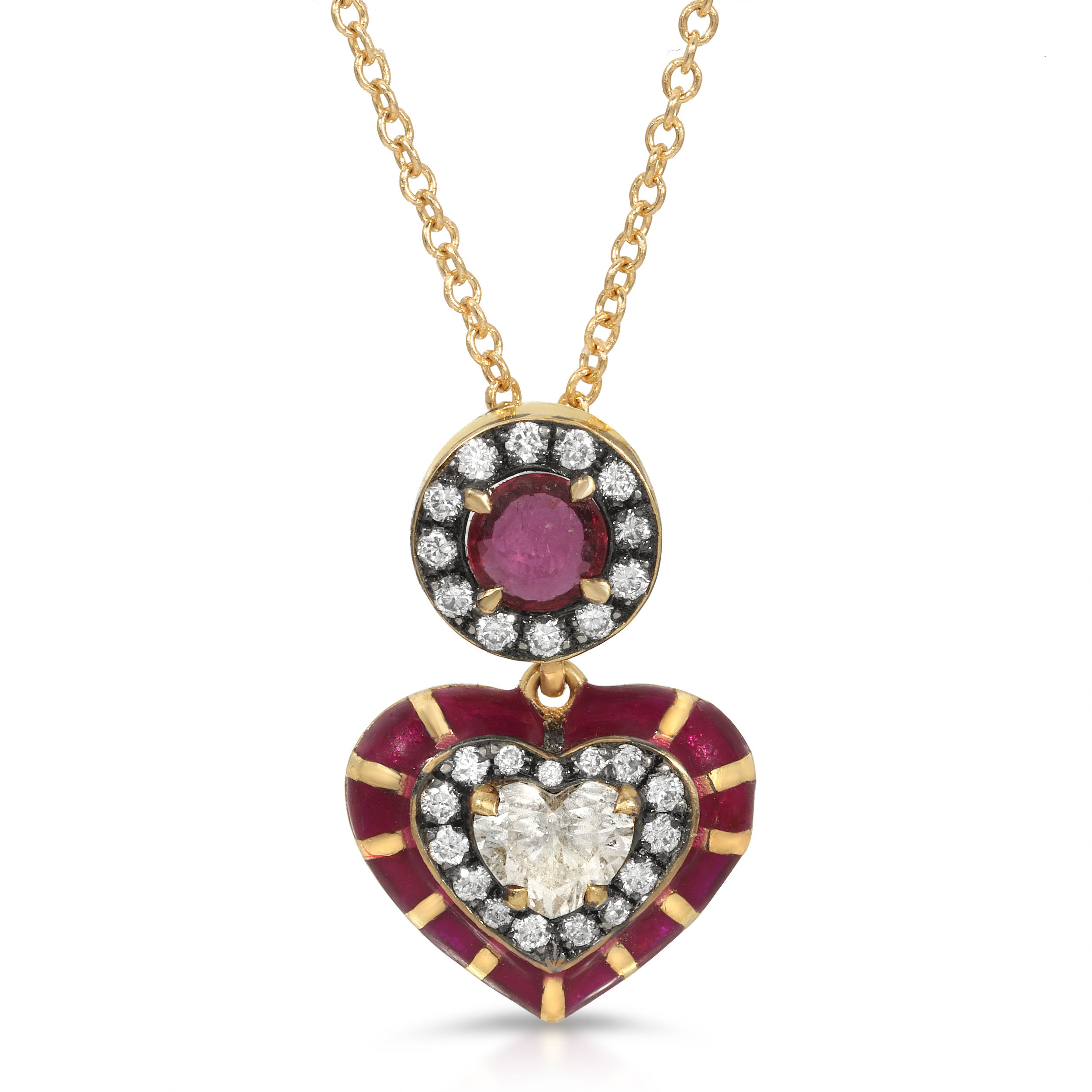 LORD Jewelry is a boutique fine jewelry atelier known for its masterful craftsmanship, intricate designs, and colorful collections. Lena and Sinork Agdere, the father-daughter team behind the Los Angeles based brand, is committed to creating unique, luxurious and timeless jewelry for connoisseurs of fine art and high fashion. Specializing in enamel work, a Lord piece is a great addition to any collection. -18K Yellow gold-Round diamonds, 0.15cts-Heart diamond, 0.24ct-Ruby, 0.20ct-Length, 18"Item# 806-2000079 Ruby & Diamond Heart Necklace
