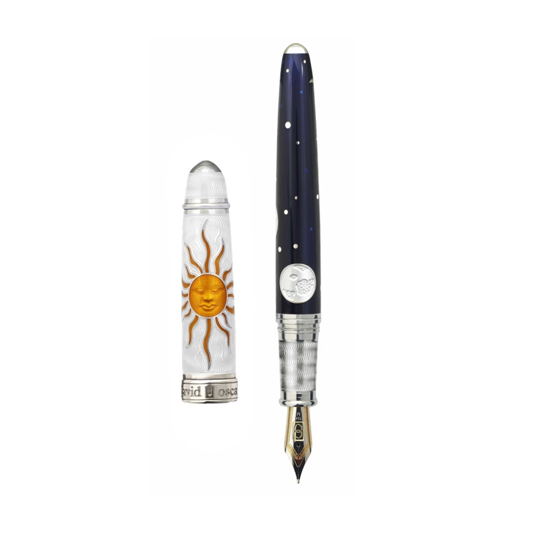 The Celestial Pen by David Oscarson is an extraordinary fountain pen, limited to just 88 pieces worldwide. Featuring intricate guilloché patterns and vibrant enamel finishes, this pen is inspired by the cosmos and beautifully handcrafted for unmatched quality and exclusivity. Its smooth, luxurious nib offers an exceptional writing experience. Encased in a lavish presentation box, the Celestial Pen is a timeless collector's piece, ideal for those who appreciate distinction and elegance in their writing instruments.-Rhodium Vermeil-EnamelItem# 750-2000017 Celestial Pen 67/88