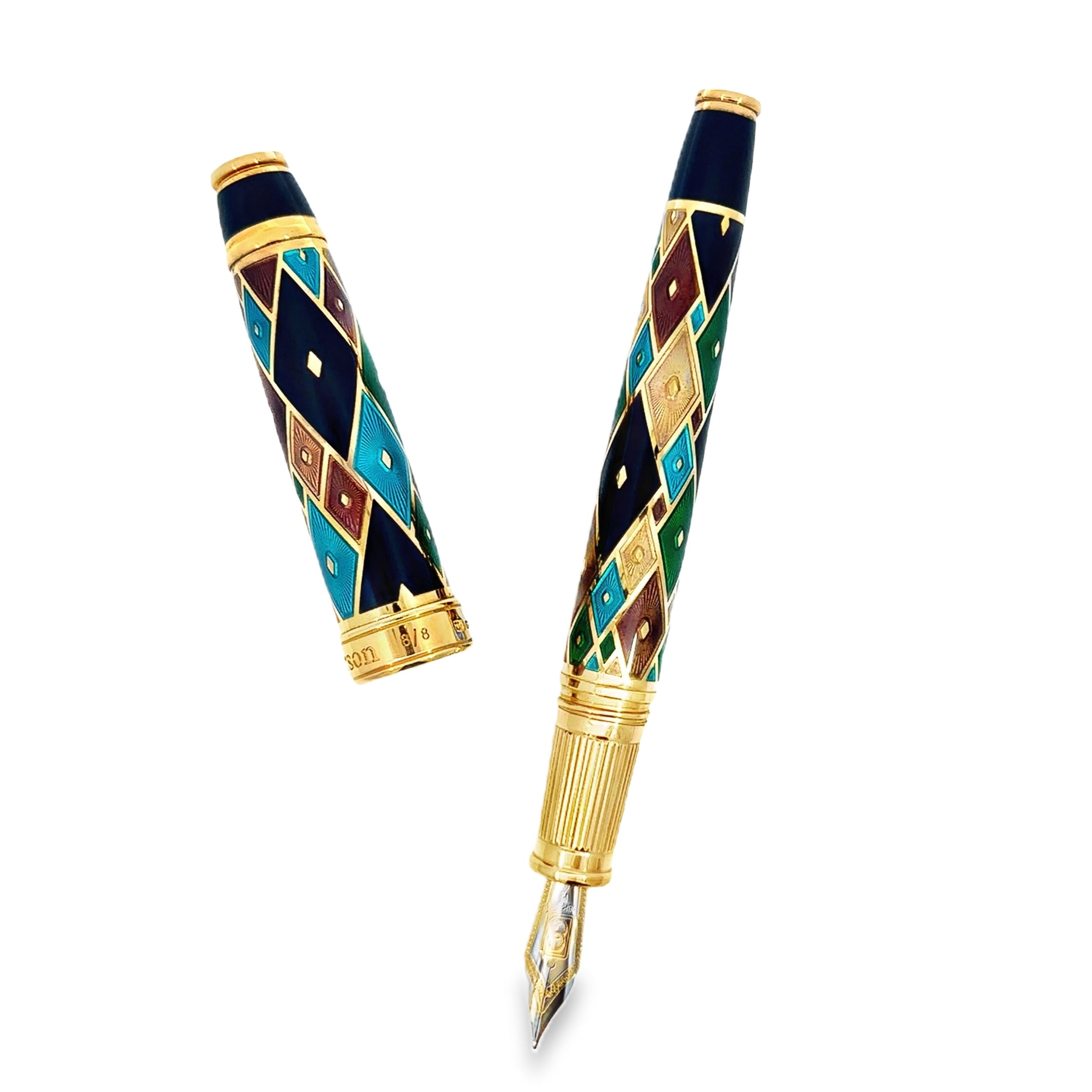 The Harlequin Pen by David Oscarson is a limited-edition masterpiece, with only 88 pieces worldwide. This luxurious fountain pen combines vibrant enamel with intricate guilloché patterns, embodying timeless elegance and exceptional craftsmanship. Featuring an 18-karat gold nib, the Harlequin Pen offers a smooth, effortless writing experience. Its diamond-shaped design reflects both striking aesthetics and superior quality, making it a true collector's item. Perfect as a gift or a prized addition to any collection, the Harlequin Pen symbolizes sophistication and distinction.-Gold Vermeil-Enamel-3 Round Diamonds, 0.048ctsItem# 750-2000018 Harlequin Pen 8/8