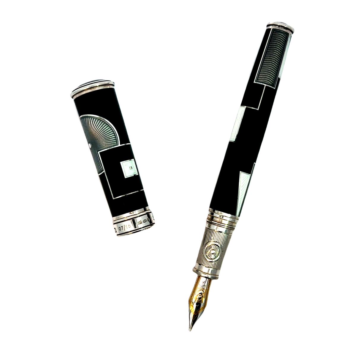 The Art Deco Pen by David Oscarson is a limited-edition writing instrument, with only 15 pieces available. This pen captures the timeless elegance of the Art Deco era, featuring intricate guilloché patterns and a vibrant enamel finish. Expertly crafted from precious materials, it offers a smooth, precision nib for an exceptional writing experience. Each pen is individually numbered, making it a unique collector’s item. Presented in a lavish box, the Art Deco Pen is a statement of style and refinement, perfect for those who appreciate history and craftsmanship.-Sterling Silver-EnamelItem# 750-2000019 Art Deco Pen 7/15