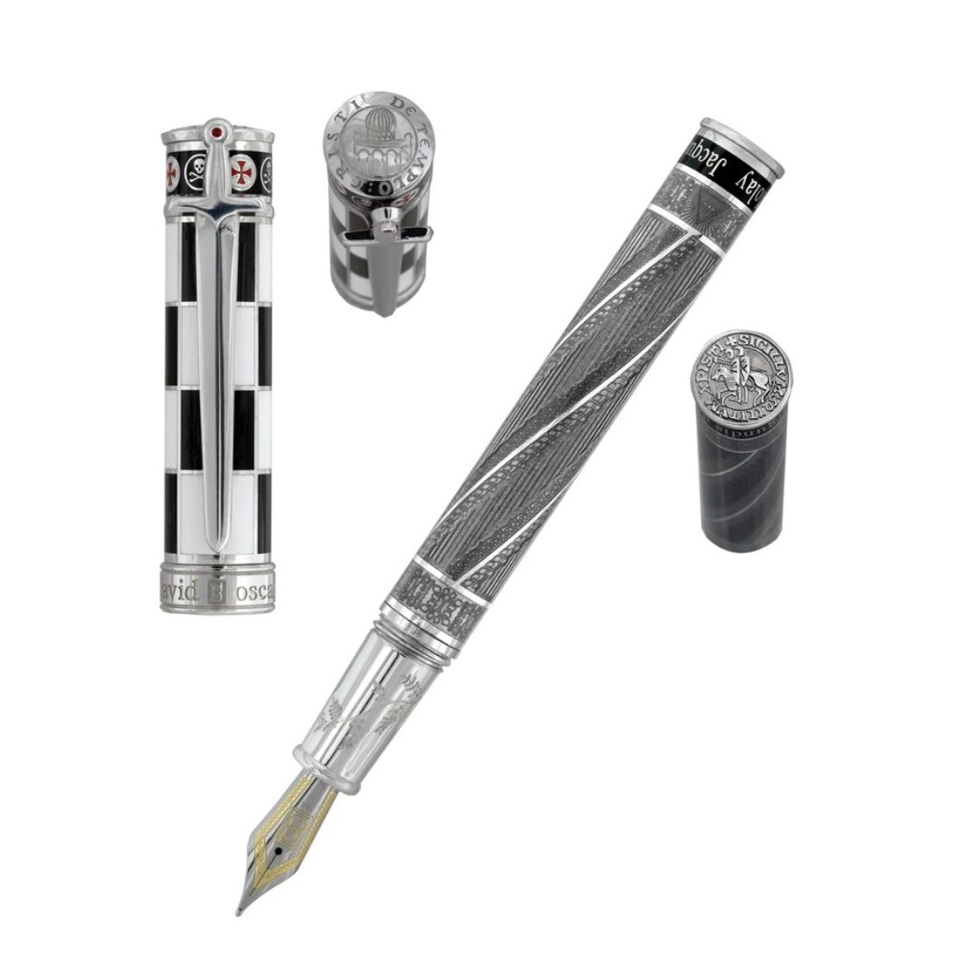 The Jacques deMolay Pen by David Oscarson is a limited-edition collectible, with only 700 pieces created. Crafted from sterling silver, this fountain pen honors the legacy of the last Grand Master of the Knights Templar. With meticulous attention to detail, it offers a luxurious writing experience. Perfect for pen aficionados and history enthusiasts, the Jacques deMolay Pen embodies elegance and timeless tradition, making it a distinguished addition to any collection.-Sterling Silver-EnamelItem# 750-2000020 Jacques deMolay Pen 209/700