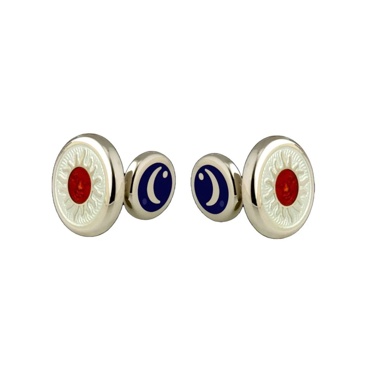 The Celestial Cufflinks, crafted in sterling silver with guilloché engraving and hot enamel, capture the grandeur of the heavens. Featuring white, blazing saffron, and midnight blue enamel, they are a striking homage to all things eternal.-Sterling Silver-EnamelItem# 800-2000025 Celestial Cufflinks