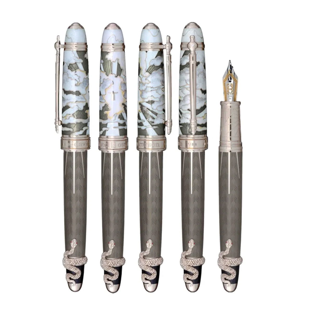 The Deus Regit by David Oscarson is a limited-edition masterpiece, with only 88 pieces crafted. This luxurious fountain pen combines art and function, featuring intricate designs in sterling silver with rich Gold Vermeil accents. Perfectly balanced for an exceptional writing experience, the Deus Regit is a symbol of exclusivity and sophistication. Whether as a personal indulgence or a distinguished gift, this pen embodies elegance and style, elevating your writing to new heights.-Sterling Silver-Gold Vermeil-Enamel-Item# 750-2000023 Deus Regit Pen 4/88