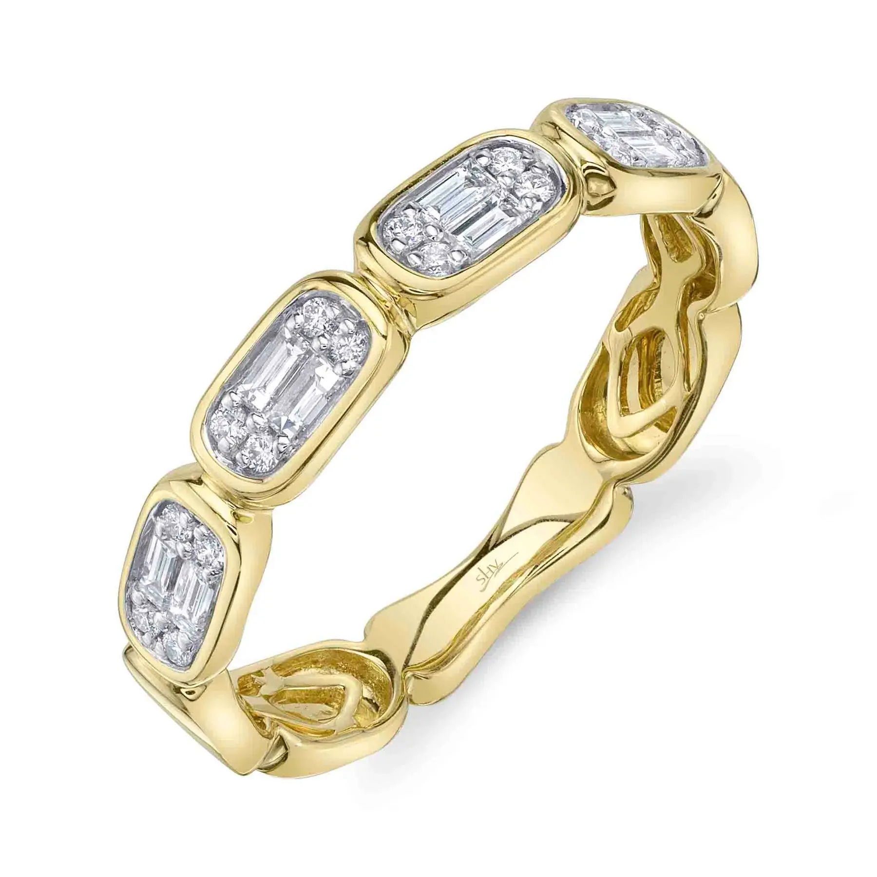 Catching the light with every movement, this piece adds a touch of elegance to any outfit. All Shy Creation diamonds are natural and hand-selected. All stones are unique and hand set. As a result, you can expect slight variations in the shade, hue, tint of the color stones and stone count.-14k Yellow gold-Round diamonds, 0.09cts-Baguette diamonds, 0.20cts-Size 7Item# 804-2000156 Diamond Baguette Band