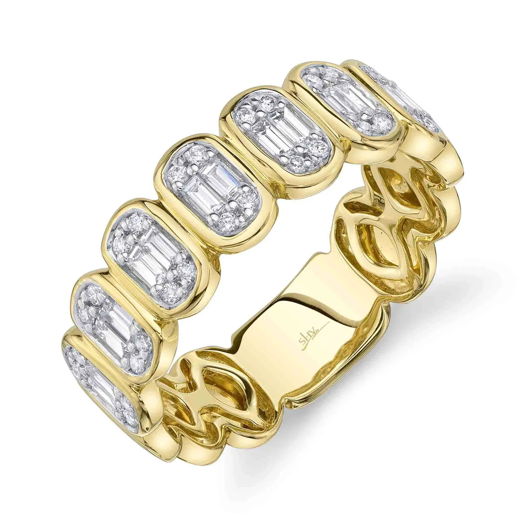Elevate your style with a versatile piece that suits any occasion, from everyday wear to formal events. All Shy Creation diamonds are natural and hand-selected. All stones are unique and hand set. As a result, you can expect slight variations in the shade, hue, tint of the color stones and stone count.-14k Yellow gold-Round diamonds, 0.15cts-Baguette diamonds, 0.35cts-Dimensions, 6.4mm-Size 7Item# 804-2000157 Diamond Baguette Band