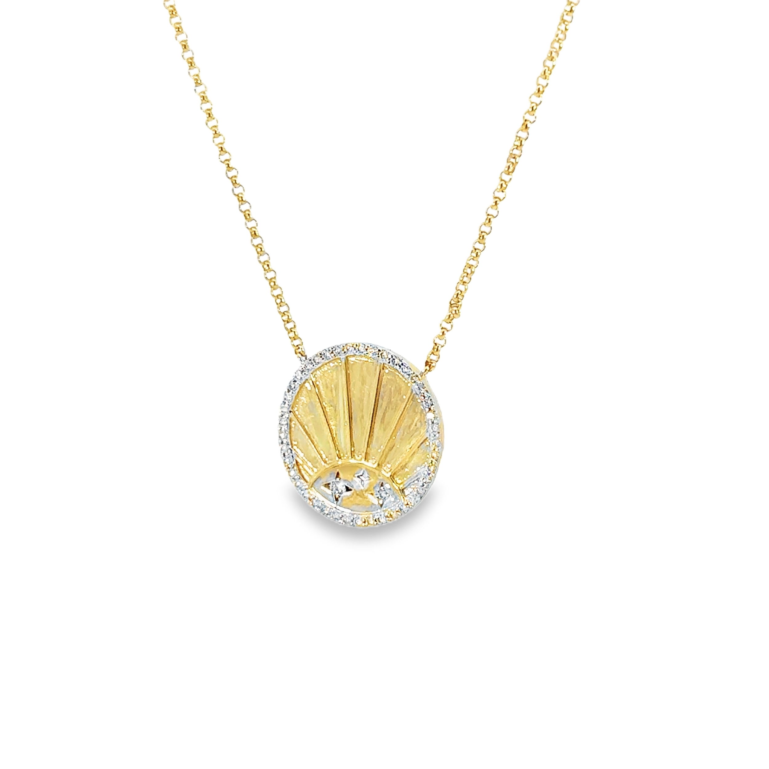 This radiant necklace features a stunning sun and stars pendant, beautifully designed with intricate details and subtle sparkle. A celestial-inspired piece, it brings a touch of brilliance and elegance to any look.-14k Yellow gold-Round white diamonds, 0.14cts-Chain length, 16"-18"Item# 807-2000204 Sun & Stars Pendant Necklace
