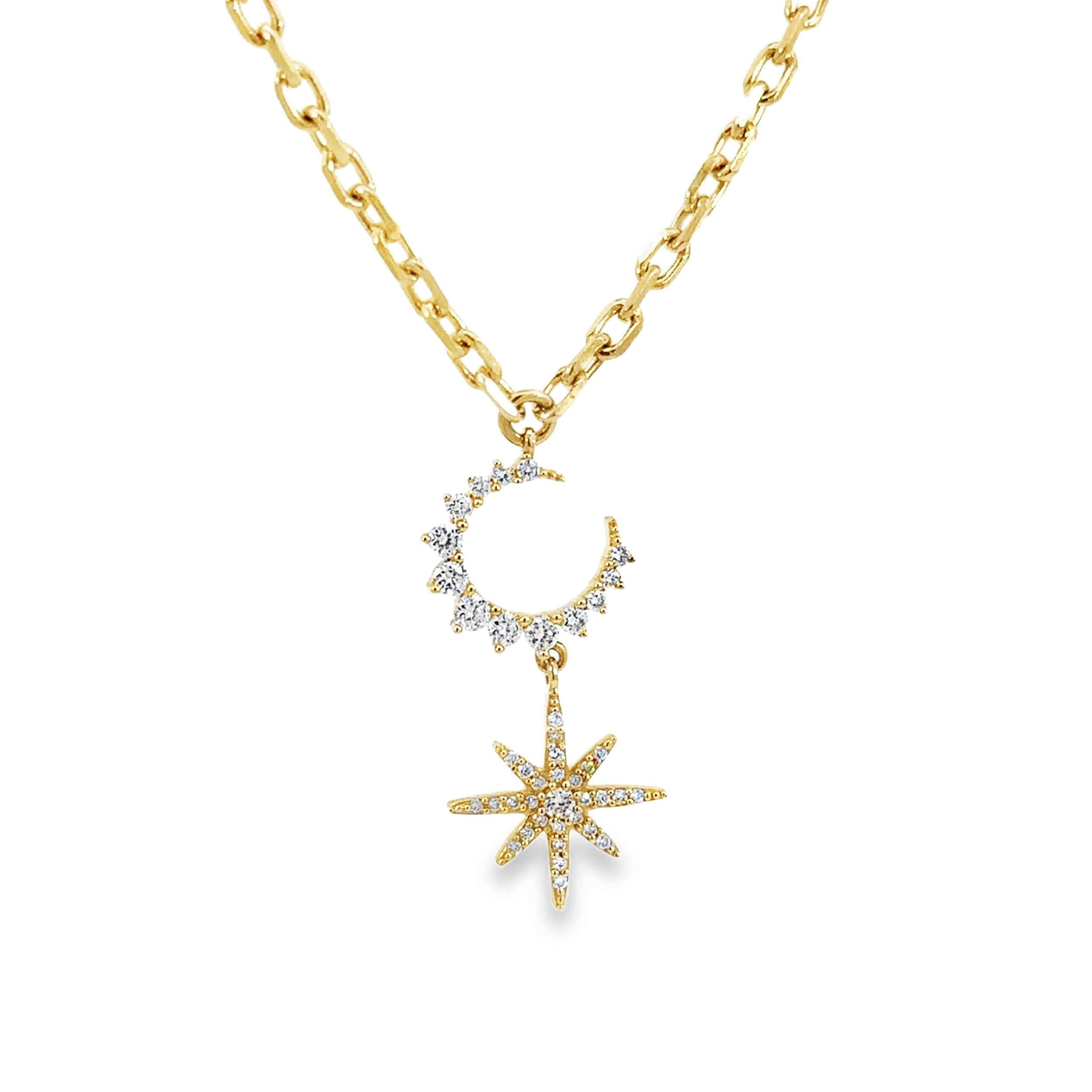 This enchanting necklace features moon and star drop charms, delicately accented with sparkling details. A celestial-inspired design, it adds a touch of whimsy and elegance to any jewelry collection.-14k Yellow gold-Round white diamonds, 0.28cts-Chain length, 16"-18"Item# 807-2000206 Moon & Star Drop Charm Necklace