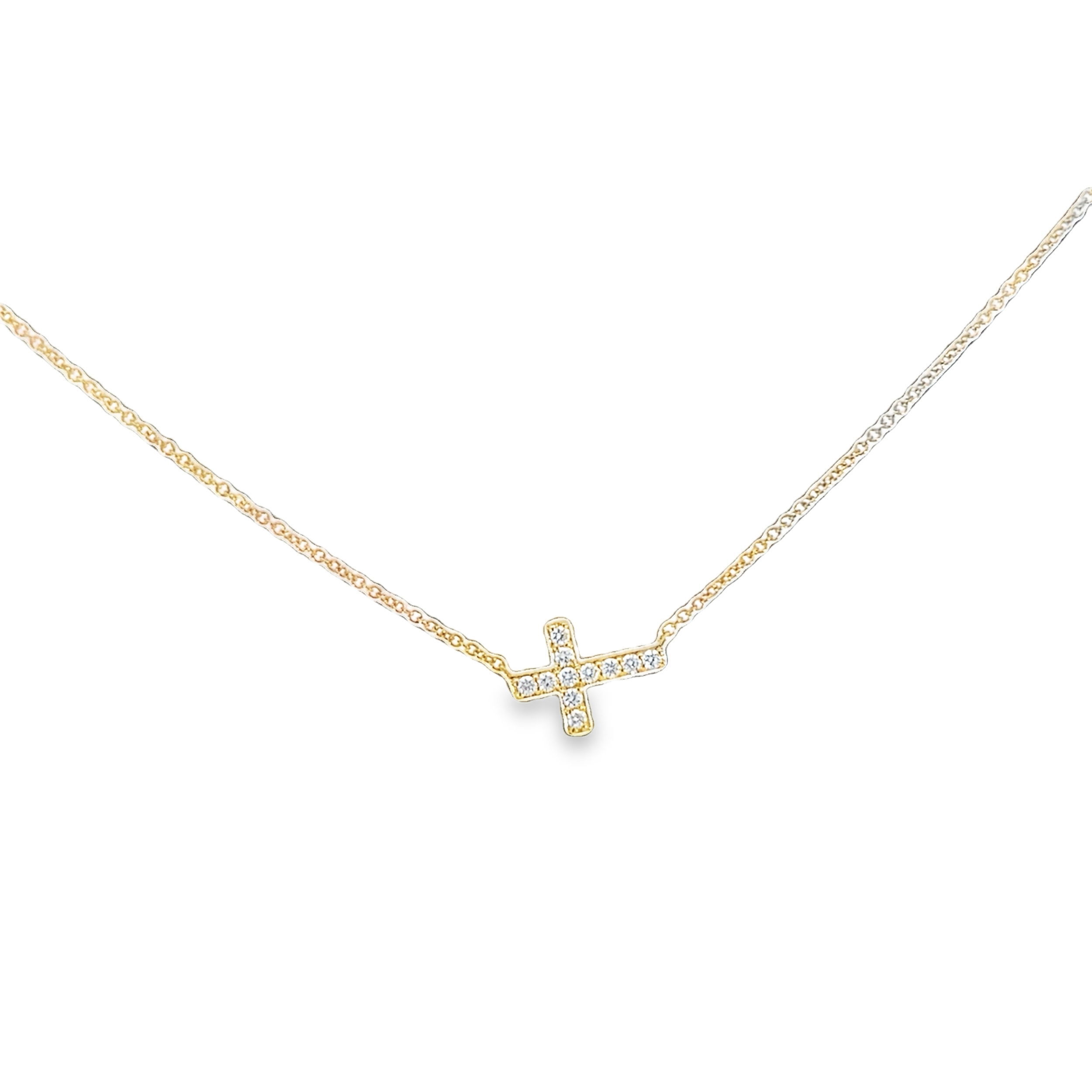 This diamond cross necklace features a timeless cross design, adorned with sparkling diamonds that radiate brilliance. A symbol of faith and elegance, it adds a touch of sophistication and meaning to any jewelry collection.-14k Yellow gold-Round white diamonds, 0.13cts-Length, 18"-16"Item# 807-2000209 Diamond Cross Necklace