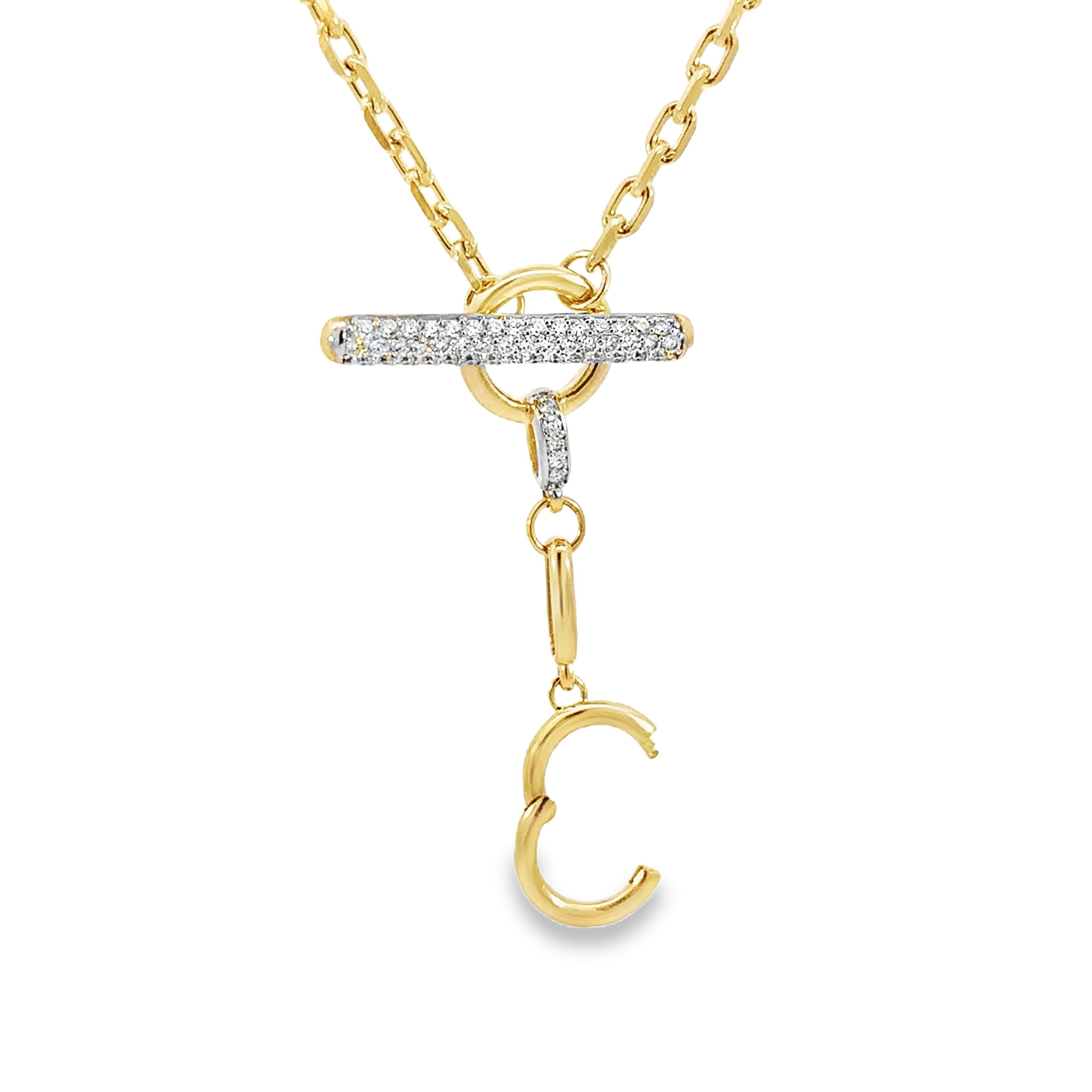 This necklace features sparkling diamond accents and two versatile points for adding charms. Its elegant design offers endless possibilities for personalization, making it a timeless and stylish addition to your jewelry collection.-14k Yellow gold-Round white diamonds, 0.36cts-Chain length, 16"Item# 807-2000210 Chain & Diamond Toggle Necklace