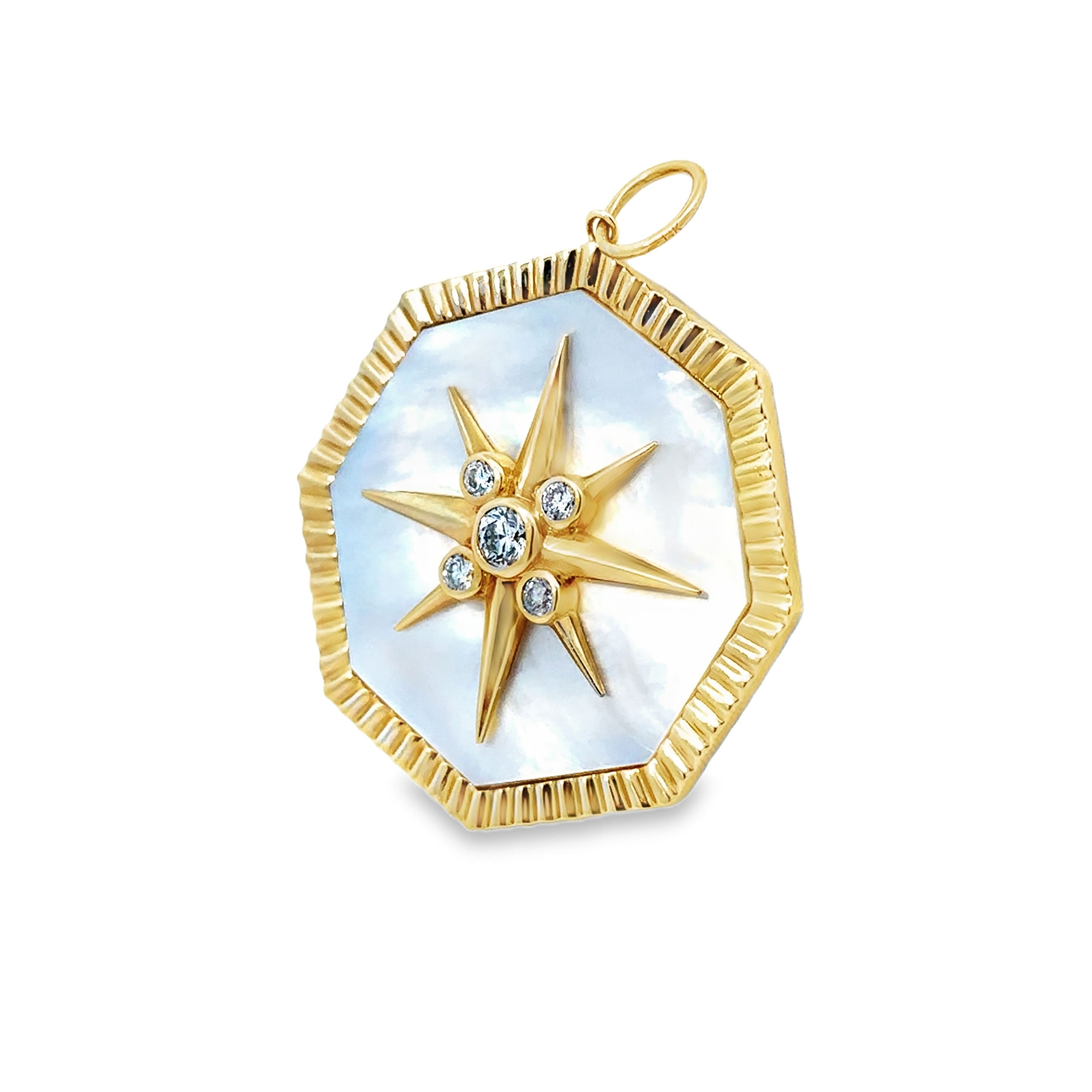 This pendant features a luminous mother of pearl center, framed by polished gold for a sophisticated look. A timeless piece, it symbolizes direction and elegance, perfect for adding a subtle yet meaningful touch to any collection.-14k Yellow gold-Mother of pearl, 9.52cts-Round white diamonds, 0.47ctsItem# 806-2000080 Mother of Pearl Gold & Diamond Star Pendant