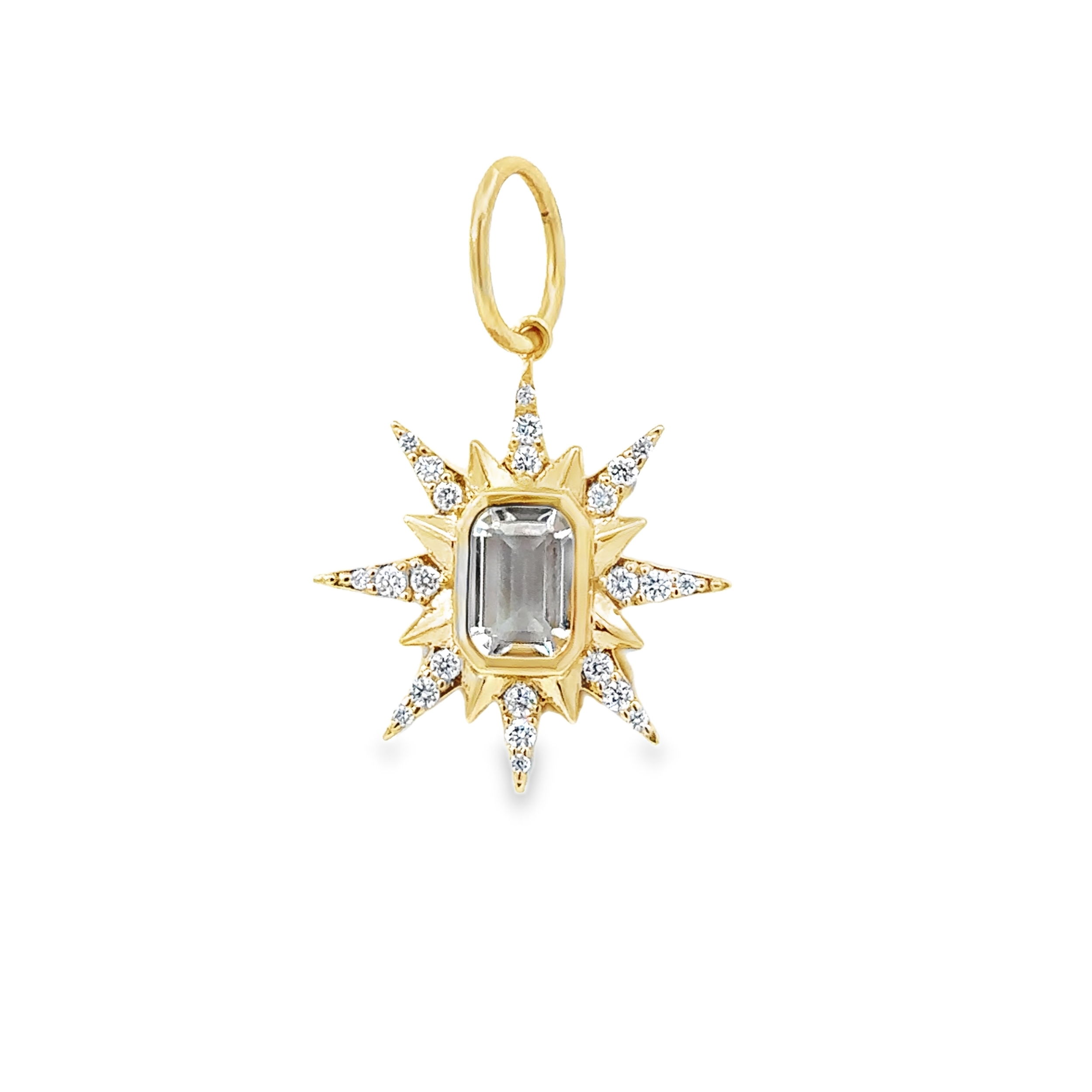 This pendant features a stunning star-shaped design, with a white topaz center surrounded by sparkling diamonds. A dazzling and elegant piece, it adds a touch of celestial beauty and sophistication to any look.-14k Yellow gold-Emerald white topaz, 0.47cts-Round white diamonds, 0.14ctsItem# 806-2000087 White Topaz & Diamond Star Pendant