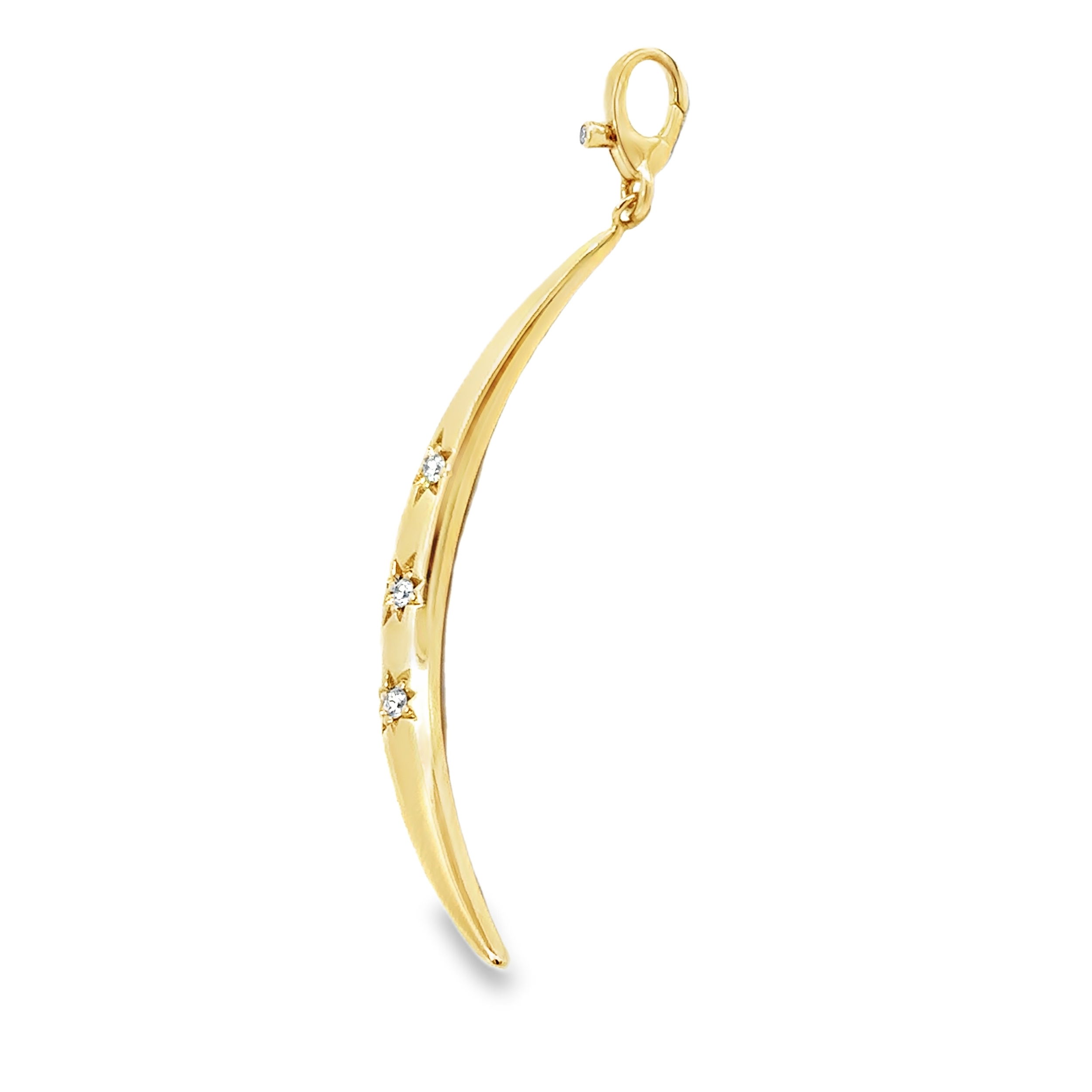 This pendant is elegantly adorned with four sparkling diamonds, capturing the serene beauty of the night sky. Featuring a lobster clasp attachment point with a diamond-accented lever, it adds both functionality and a touch of luxury to this celestial-inspired piece.-14k Yellow gold-Round white diamonds, 0.19ctsItem# 806-2000089 Crescent Moon Diamond Pendant