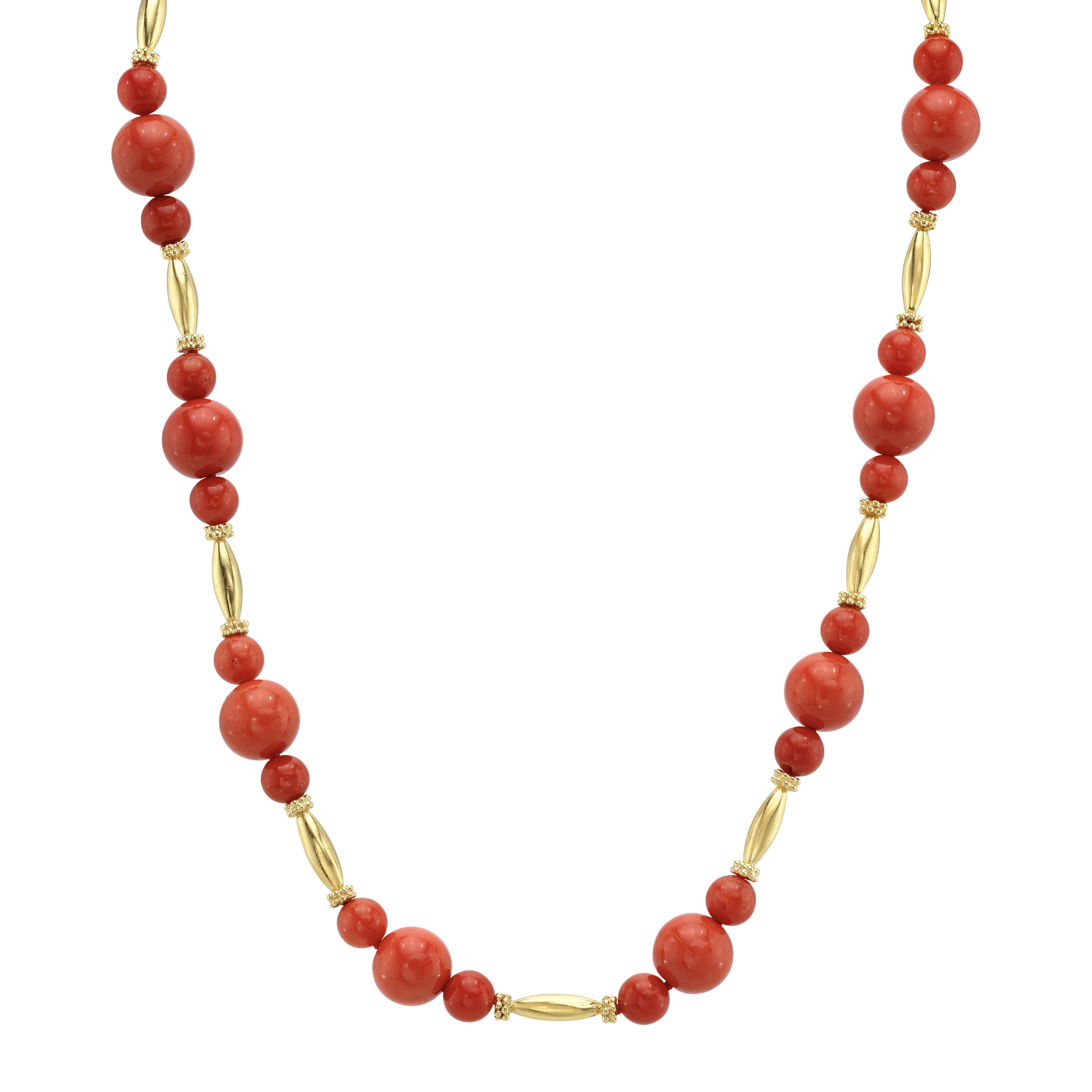 This vibrant 18k yellow gold necklace is perfect for anyone who loves coral and fine jewelry. Whether you're soaking up the sun by the sea or simply dreaming of the ocean, this piece brings a hint of coastal charm wherever you go.-18k Yellow gold-CoralItem# ND-NK-00005 Red Coral and Gold Bead Necklace