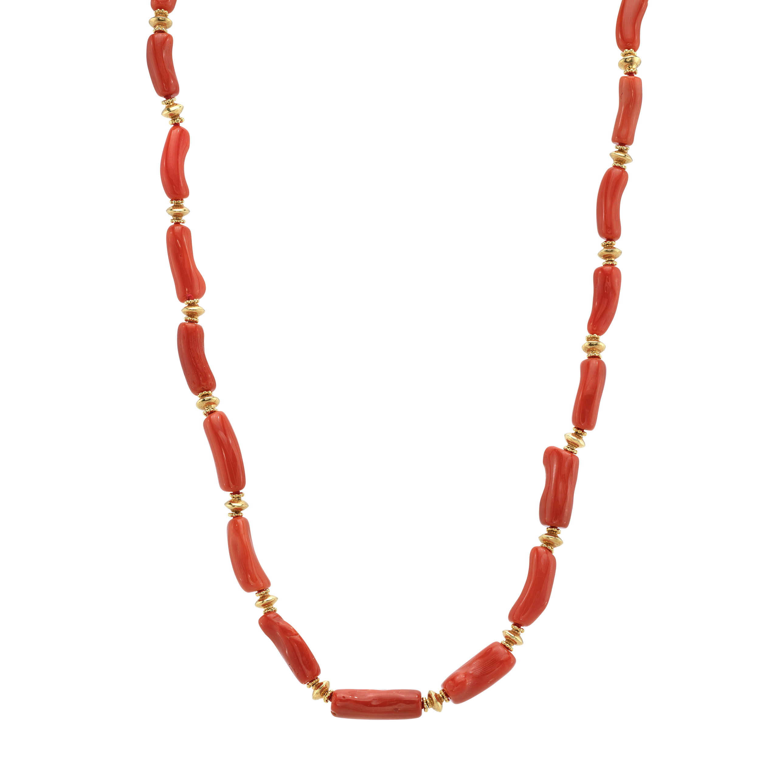This vibrant necklace with its 18k yellow gold is perfect for anyone who loves coral and fine jewelry. Whether you're vacationing near the beach or dreaming of the ocean from home, this piece will bring a touch of coastal serenity wherever you go.-18k Yellow gold-CoralItem# ND-NK-00006 Red Bone Coral and Gold Bead Necklace