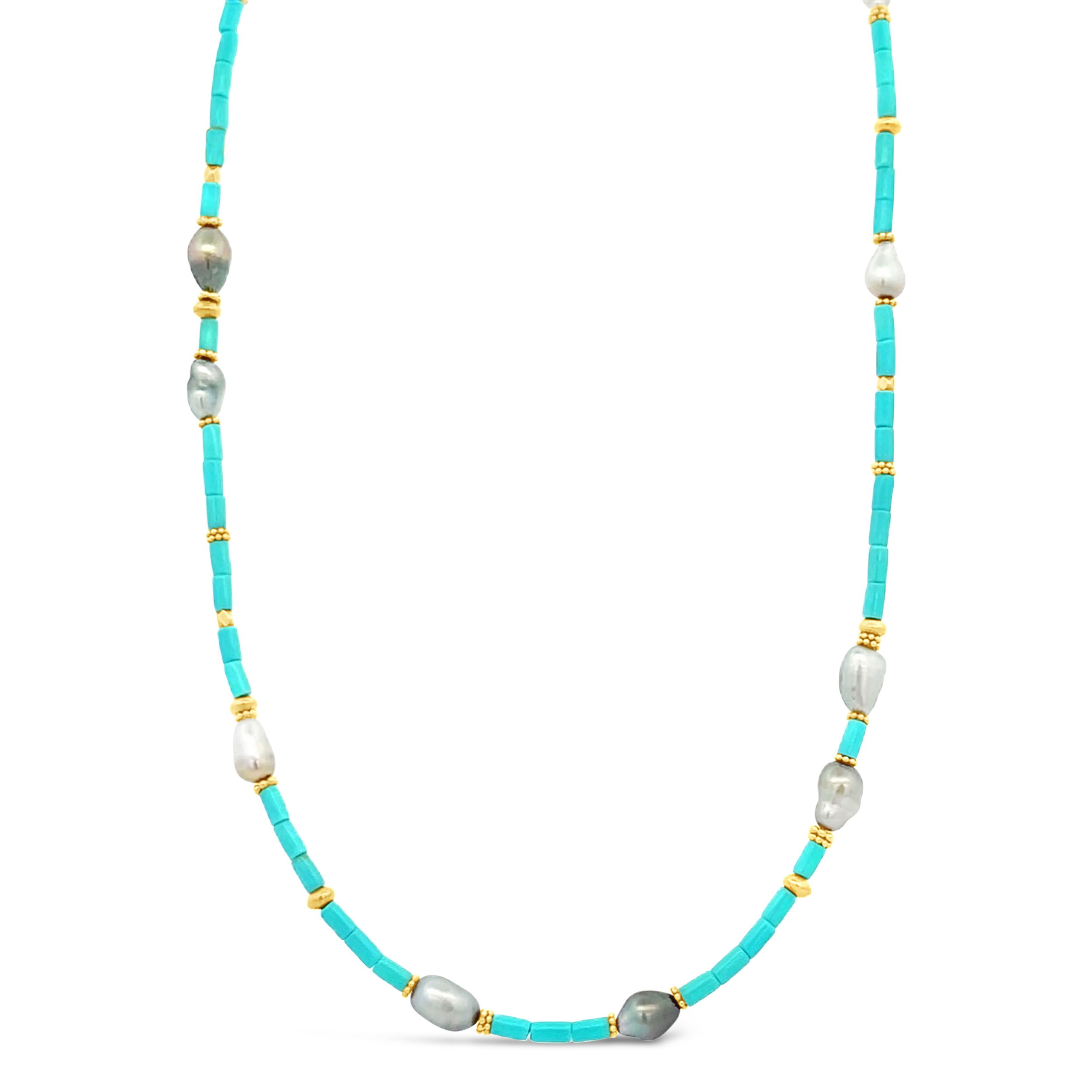 This necklace blends the organic charm of keshi pearls with the vibrant pop of turquoise beads, set in rich 18k yellow gold. Striking a perfect balance between elegance and boldness, it seamlessly elevates both casual and formal styles.-18k Yellow gold-Keshi pearls-Turquoise Beads-Length 16”Item# ND-NK-00009 Sanctum Necklace