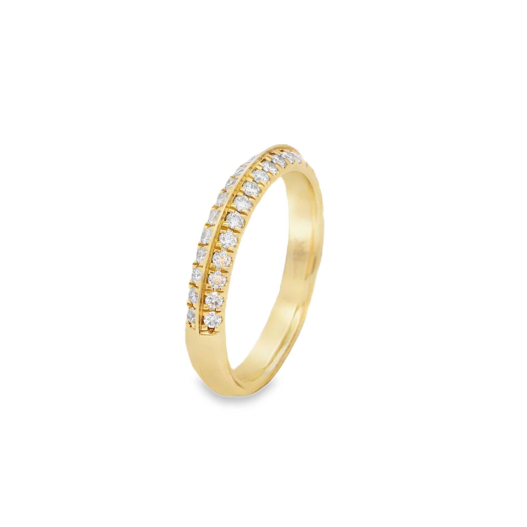 This elegant 18k yellow gold wedding band features sparkling round diamonds set in two parallel rows, creating a bold and timeless design. The continuous sparkle of the diamonds adds sophistication and beauty, making it ideal for pairing with an engagement ring or wearing on its own.-18k Yellow gold-Round diamonds, 0.38cts-Size 6.5, Contact for sizing optionsItem# 400-2000002 Diamond Wedding Band