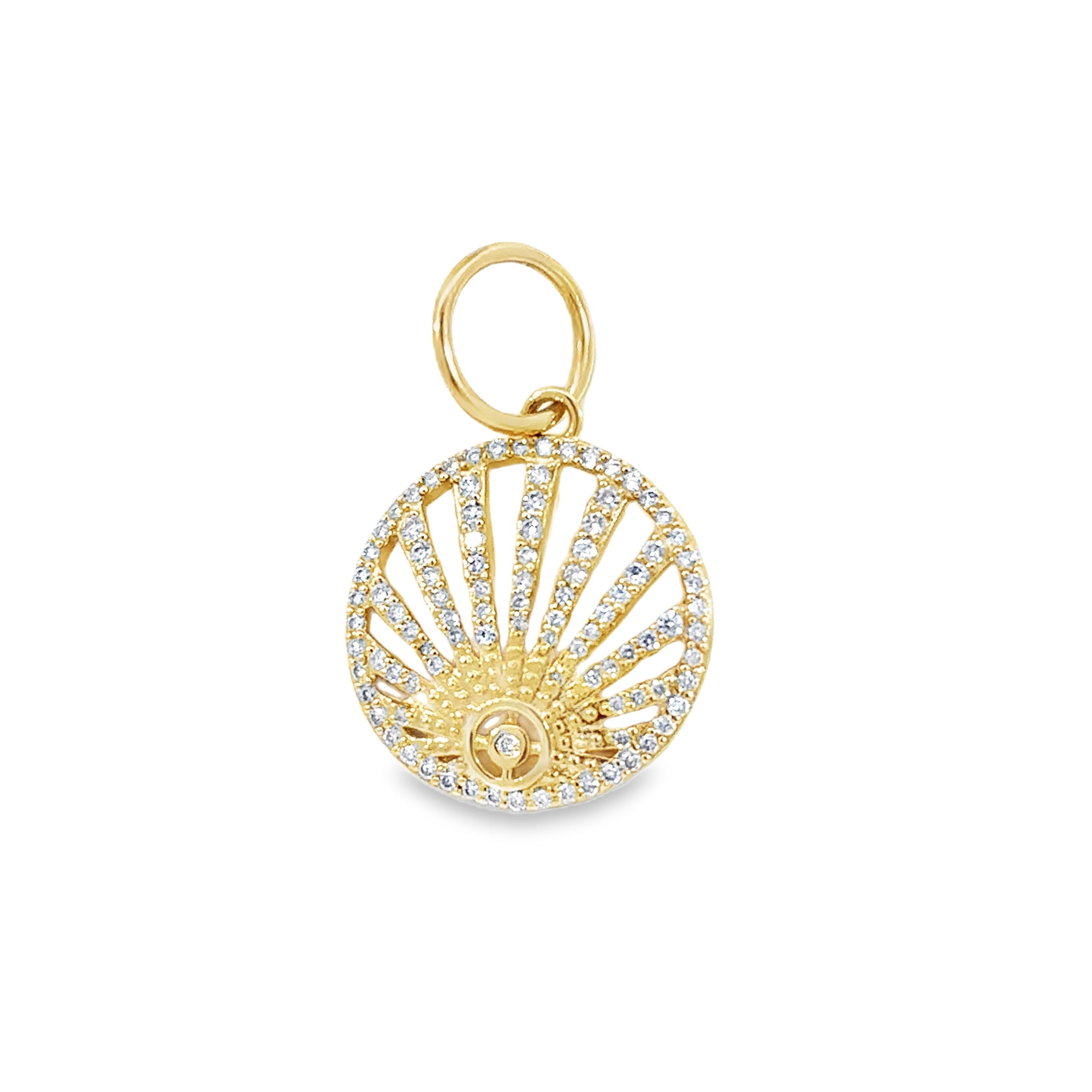This charm radiates brilliance with its intricate design, featuring a burst of sparkling diamonds or stones. A bold and elegant piece, it brings a touch of timeless sophistication and energy to any collection.-14k Yellow gold-Round white diamonds, 0.25ctsItem# 806-2000097 Sun Burst Pendant