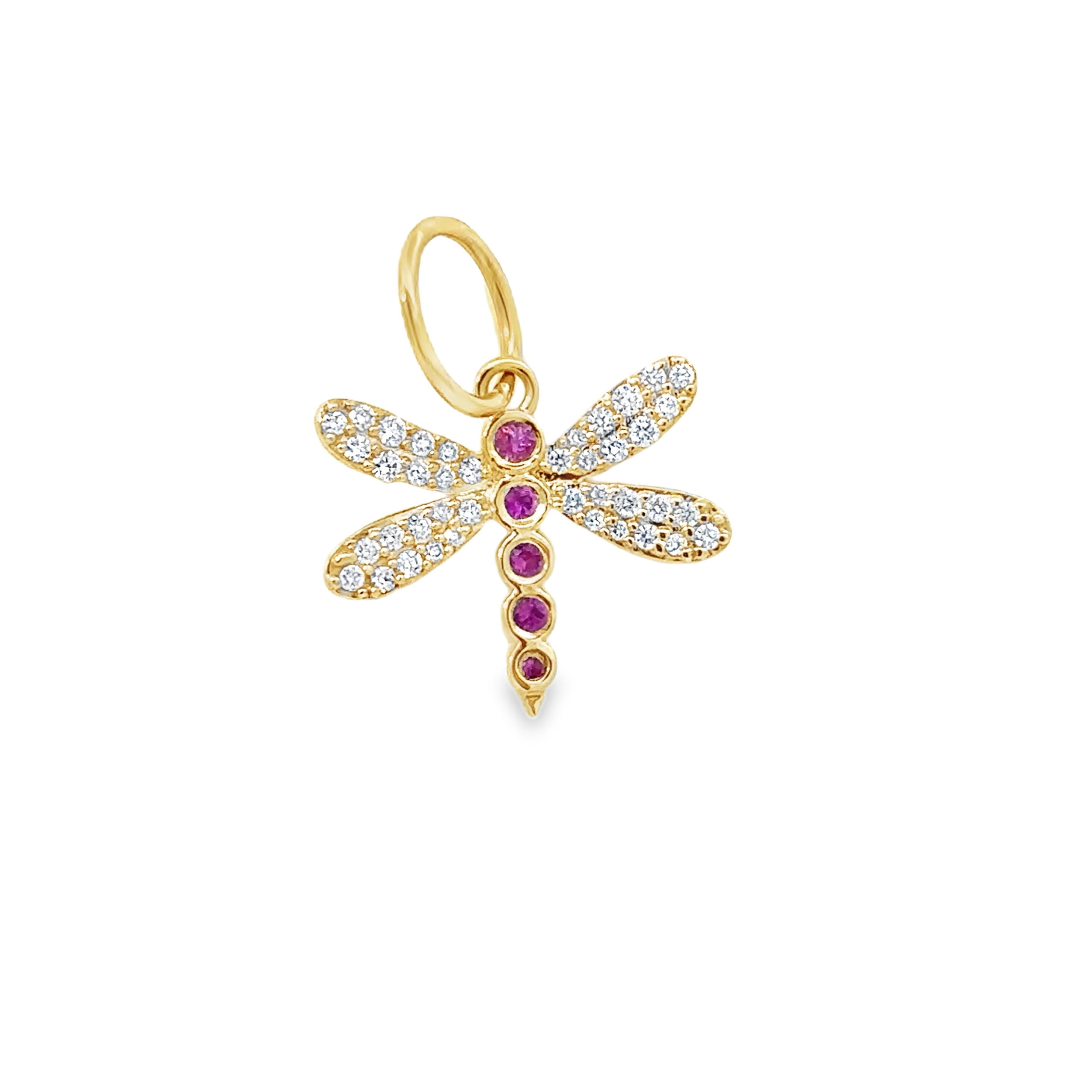 This dragonfly charm features delicate wings and intricate detailing, capturing the essence of elegance and transformation. A versatile piece, it adds a touch of nature-inspired beauty to any jewelry collection.-14k Yellow gold-Round pink sapphires, 0.07cts-Round white diamonds, 0.16ctsItem# 806-2000098 Pink Dragonfly Pendant