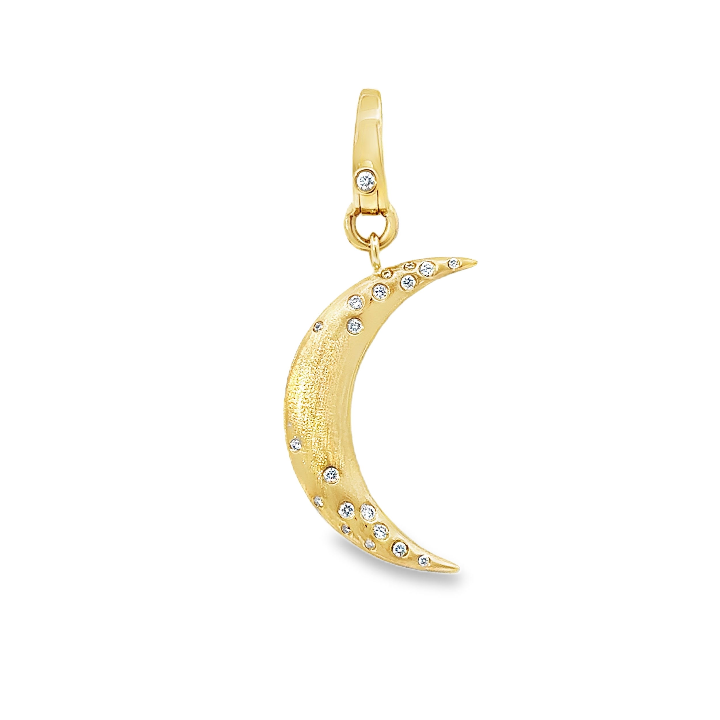 This pendant is elegantly adorned with sparkling diamonds, capturing the serene beauty of the night sky. Featuring a lobster clasp attachment point with a diamond-accented lever, it adds both functionality and a touch of luxury to this celestial-inspired piece.-14k Yellow gold-Round white diamonds, 0.14ctsItem# 806-2000099 Brushed Crescent Moon Pendant