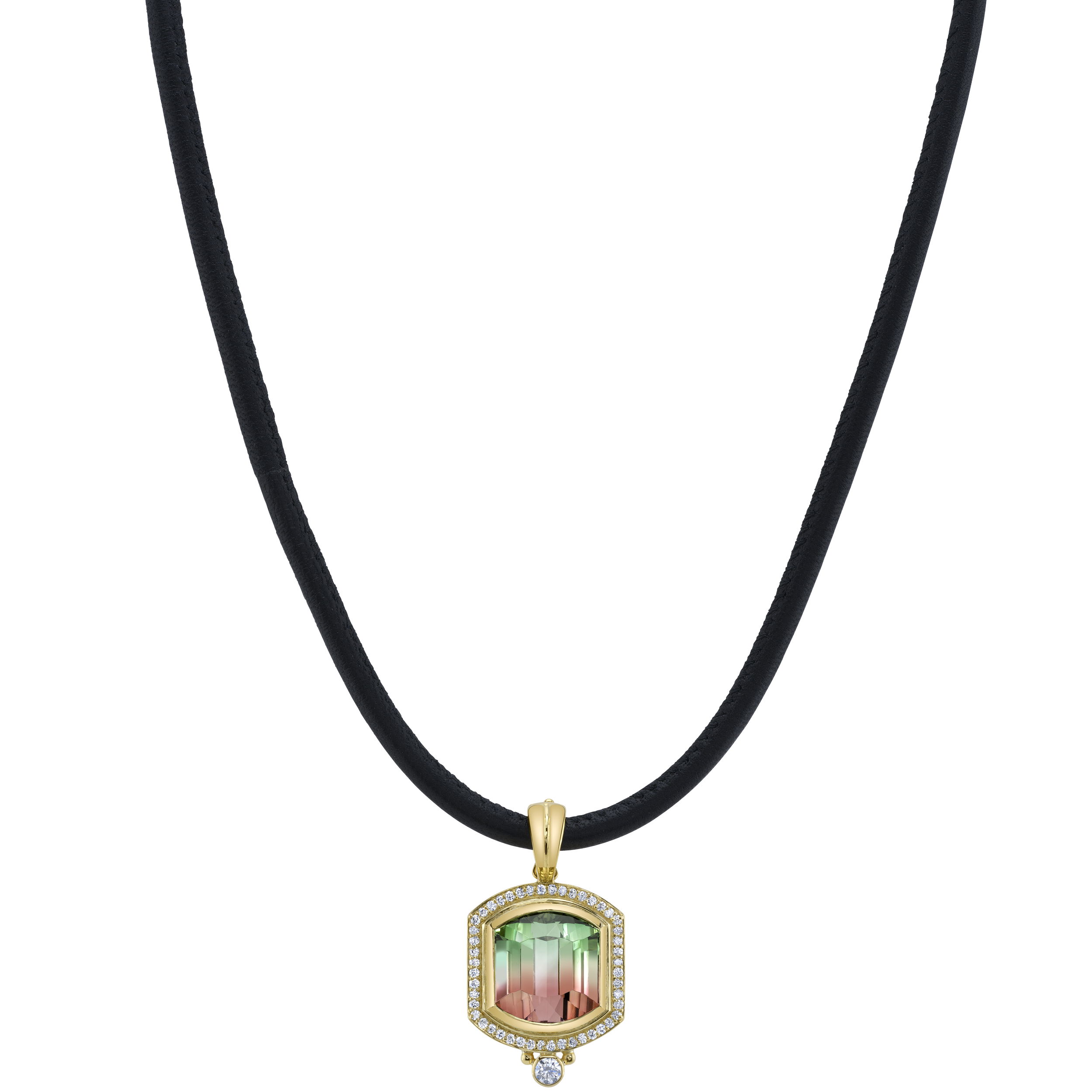 This 18k yellow gold pendant showcases a stunning watermelon tourmaline, its vibrant colors accented by sparkling round diamonds. A perfect blend of bold and elegant, it brings a unique pop of color to any look. Take care, Valerie!-18k Yellow gold-Watermelon tourmaline, 18.22ct-Round diamonds, 0.68ctsItem# ND-PD-00002 Take Care Pendant