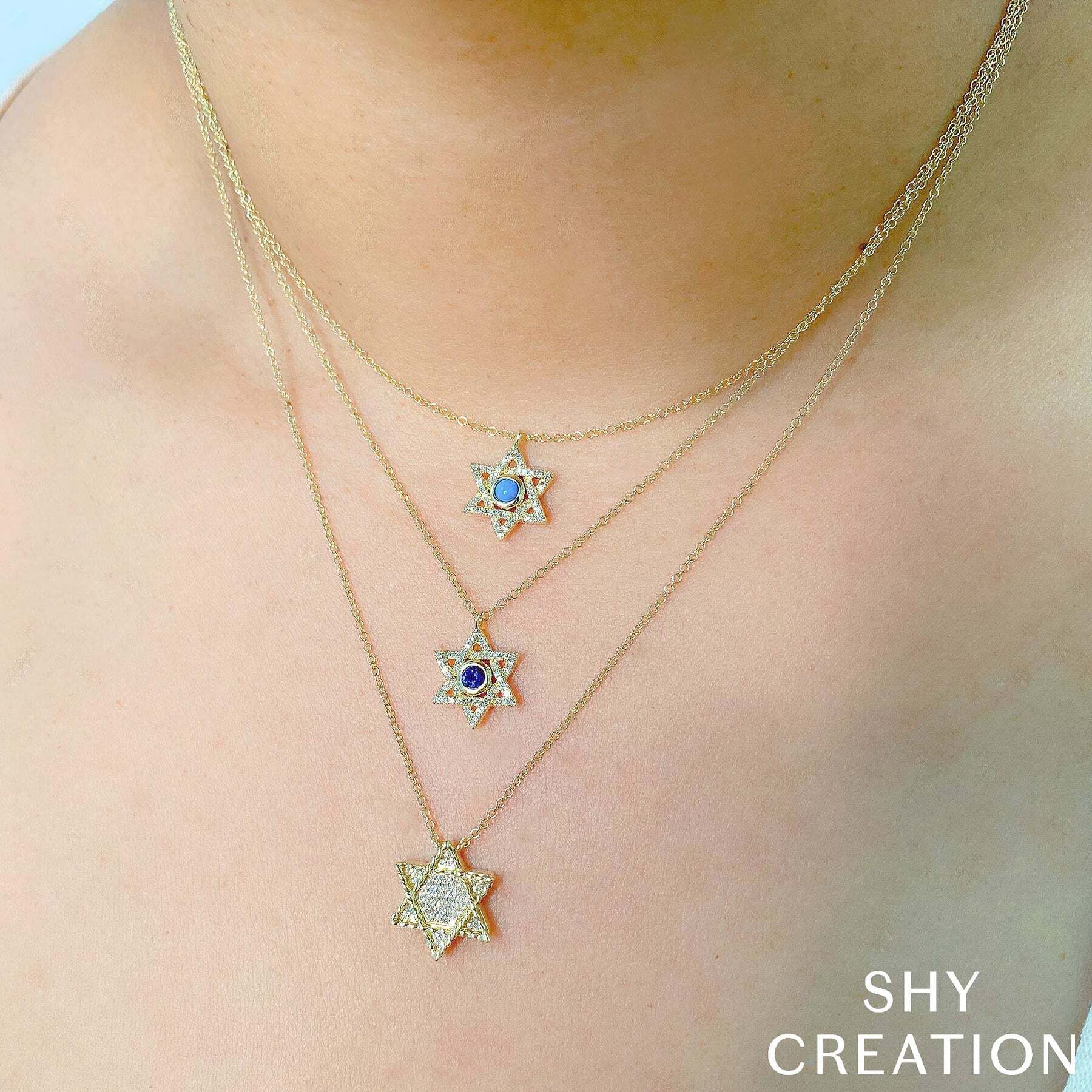 Refined yet bold, this piece can be worn solo or stacked with your favorite necklaces. Shy Creation diamonds are natural and hand-selected. All stones are unique and hand set. As a result, you can expect slight variations in the shade, hue, tint of the color stones and stone count.-14k White gold-Round blue sapphire, 0.12ct-Round diamonds, 0.11cts-Chain length, 15"-18" on adjustable chainItem# 807-2000224 Diamond and Blue Sapphire Star of David Necklace