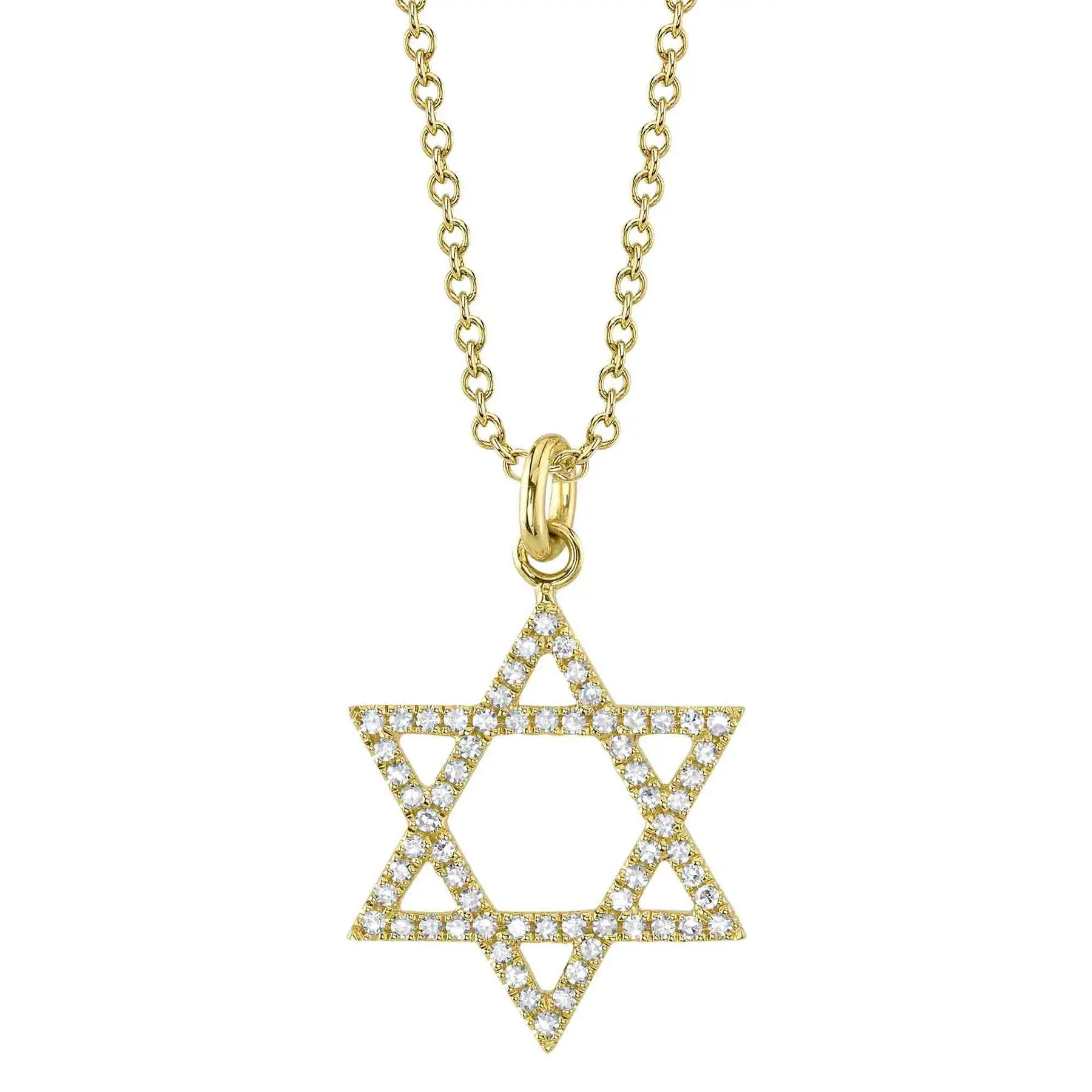 Featuring a timeless design, this piece is perfect for layering or wearing solo for a subtle statement. All Shy Creation diamonds are natural and hand-selected. All stones are unique and hand set. As a result, you can expect slight variations in the shade, hue, tint of the color stones and stone count.-14k Yellow gold-Round diamonds, 015cts-Dimensions, 0.80"L / 0.55"W-Chain length, 15"-18"Item# 807-2000225 Diamond Star of David Necklace
