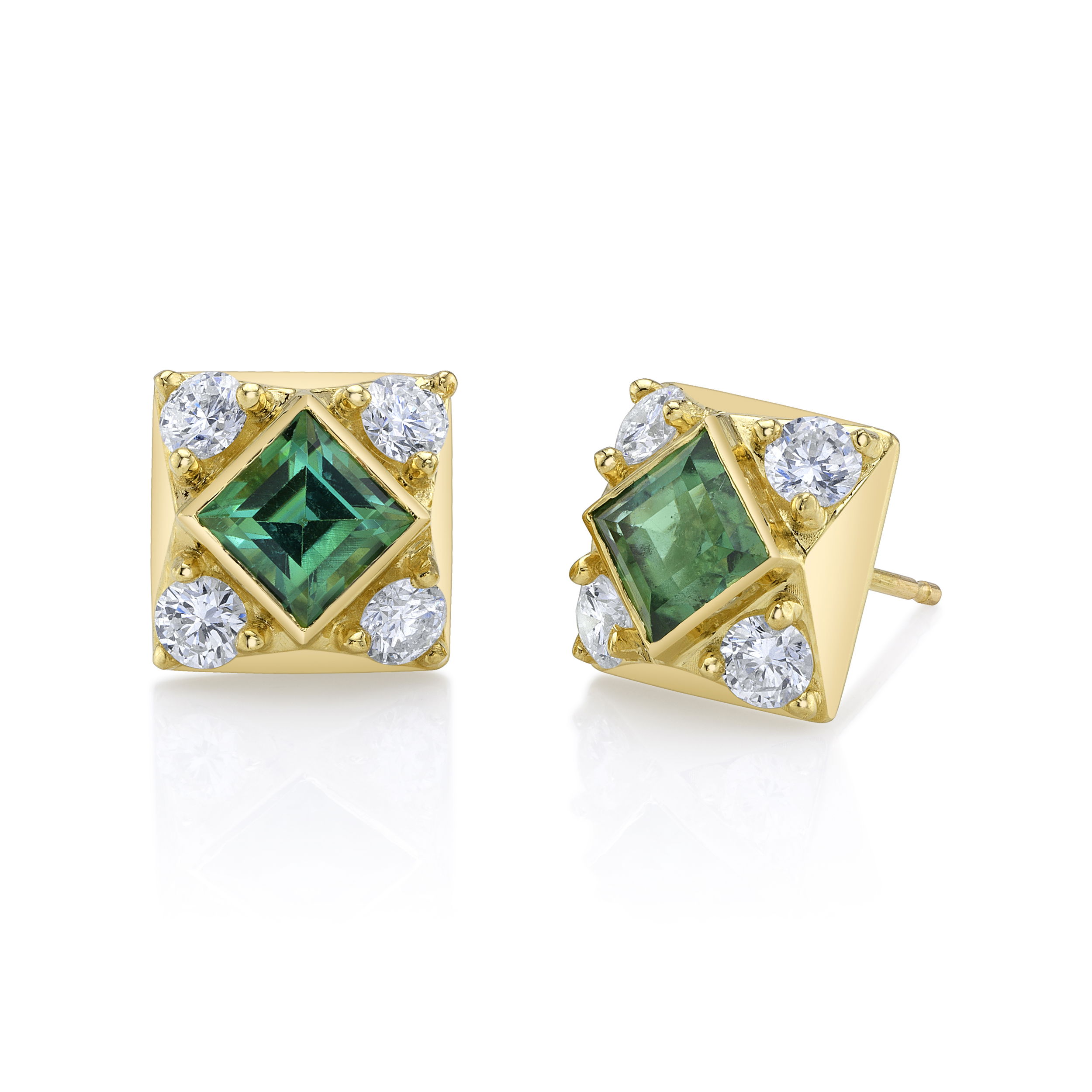 These square green tourmaline earrings are the perfect way to add a subtle pop of color to your outfit. Crafted in 18k yellow gold and round diamonds, these studs are the perfect finishing touch to any ensemble.-18k Yellow gold-Square green tourmalines, 1.47cts-Round diamonds, G/H SI 0.85cts-Item# ND-EAR-00016 Olive Stud Earrings