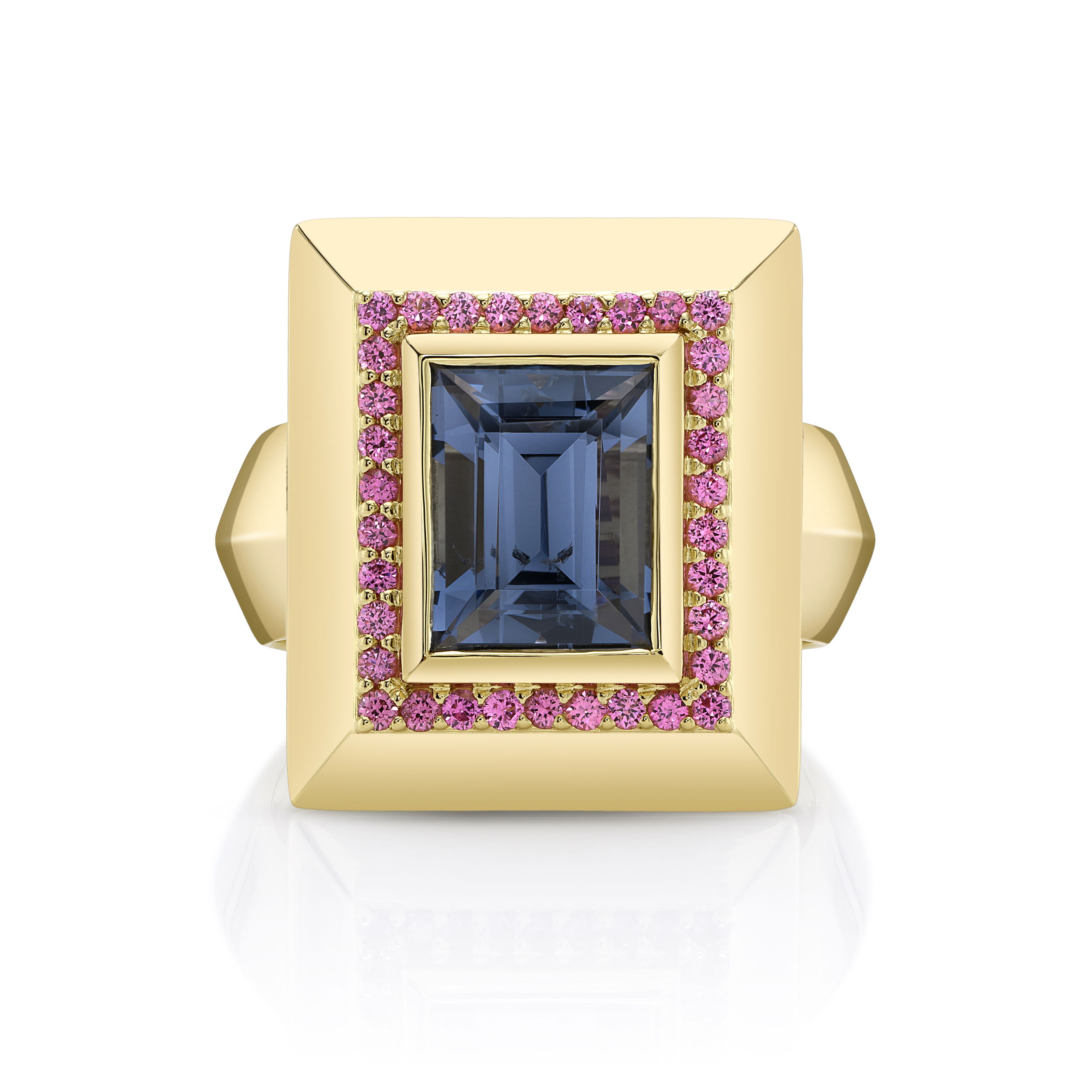 Get ready to "Blue" your mind with this dazzling ring, starring a bold Mozambique blue spinel framed by playful pink spinels in 18k yellow gold. It’s a showstopper that's simply too good to be true!-18k Yellow gold-Mozambique blue spinel, 3.50ct-Round pink spinelsItem# ND-Ring-00010 Too Blue to Be True Ring