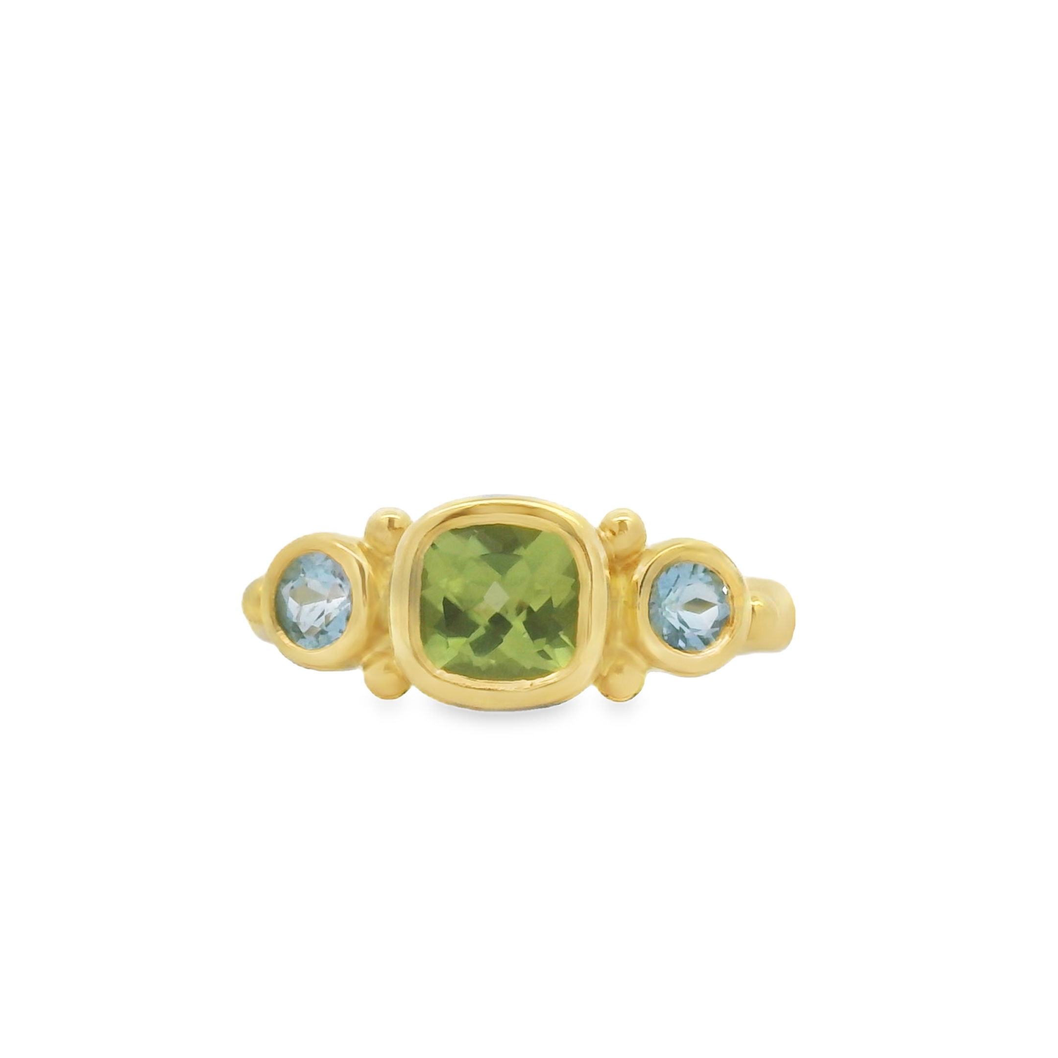 This 18k yellow gold ring features a vibrant peridot paired with a serene aquamarine, creating a stunning contrast. A fresh and radiant design that adds a touch of color to any look.-18k Yellow gold-Peridot, 0.89ct-Aquamarines, 0.30ctsItem# ND-Ring-00011 Olivine Ring