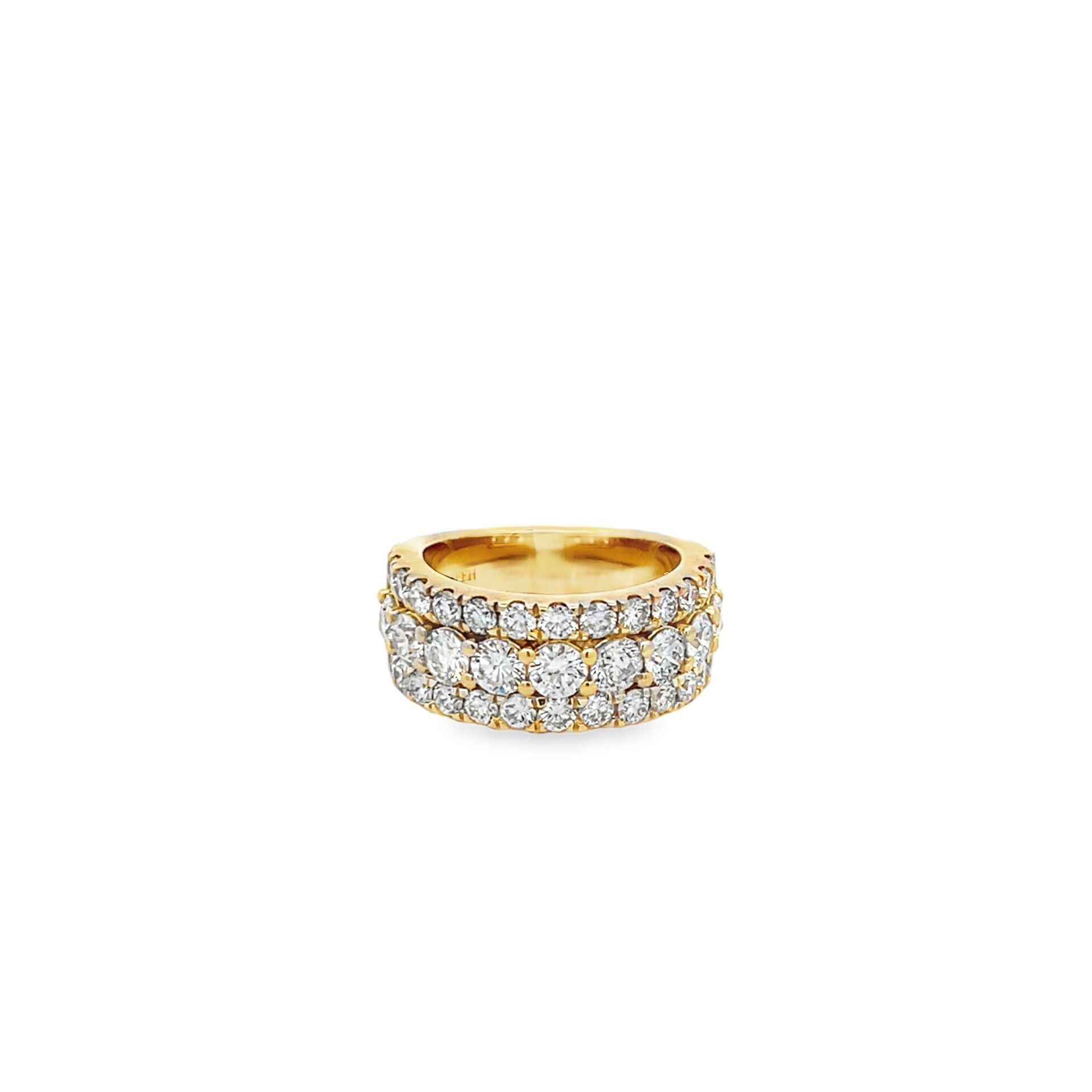 Celebrate your love with this stunning anniversary band in 18k yellow gold, featuring three rows of round diamonds for a brilliant, layered sparkle. The multiple rows create a bold and sophisticated design, making it the perfect symbol of enduring commitment and timeless elegance. A beautiful piece to mark any special occasion.-18k Yellow gold-Round diamonds, 2.45cts-Size 6.5, Contact for sizing optionsItem# 110-2000025 Diamond Anniversary Band
