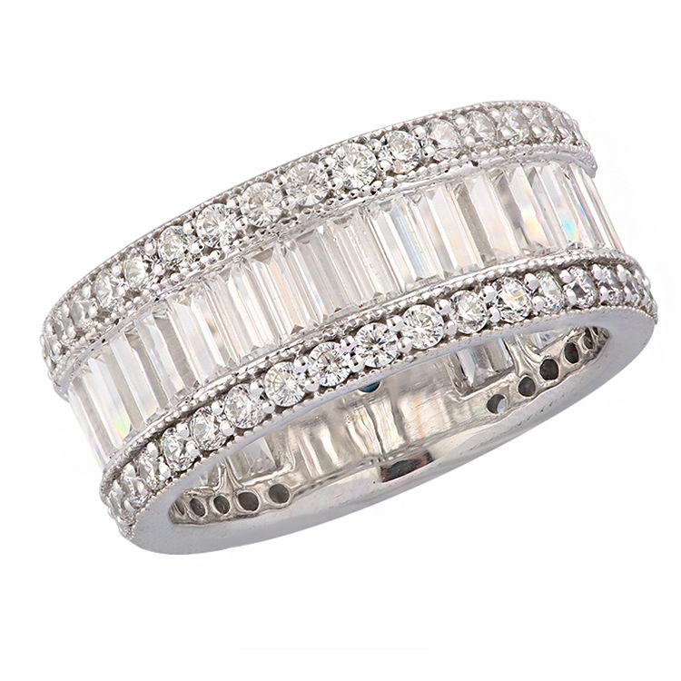Featuring a classic design with a modern twist of alternating rows of round and baguette cut diamonds, this piece is a beautiful addition to any ring stack or a stunning standalone.-14k White gold-Round diamonds, 1.49cts-Baguette diamonds, 4.04ctsItem# 804-2000169 Alternating Rows Eternity Band