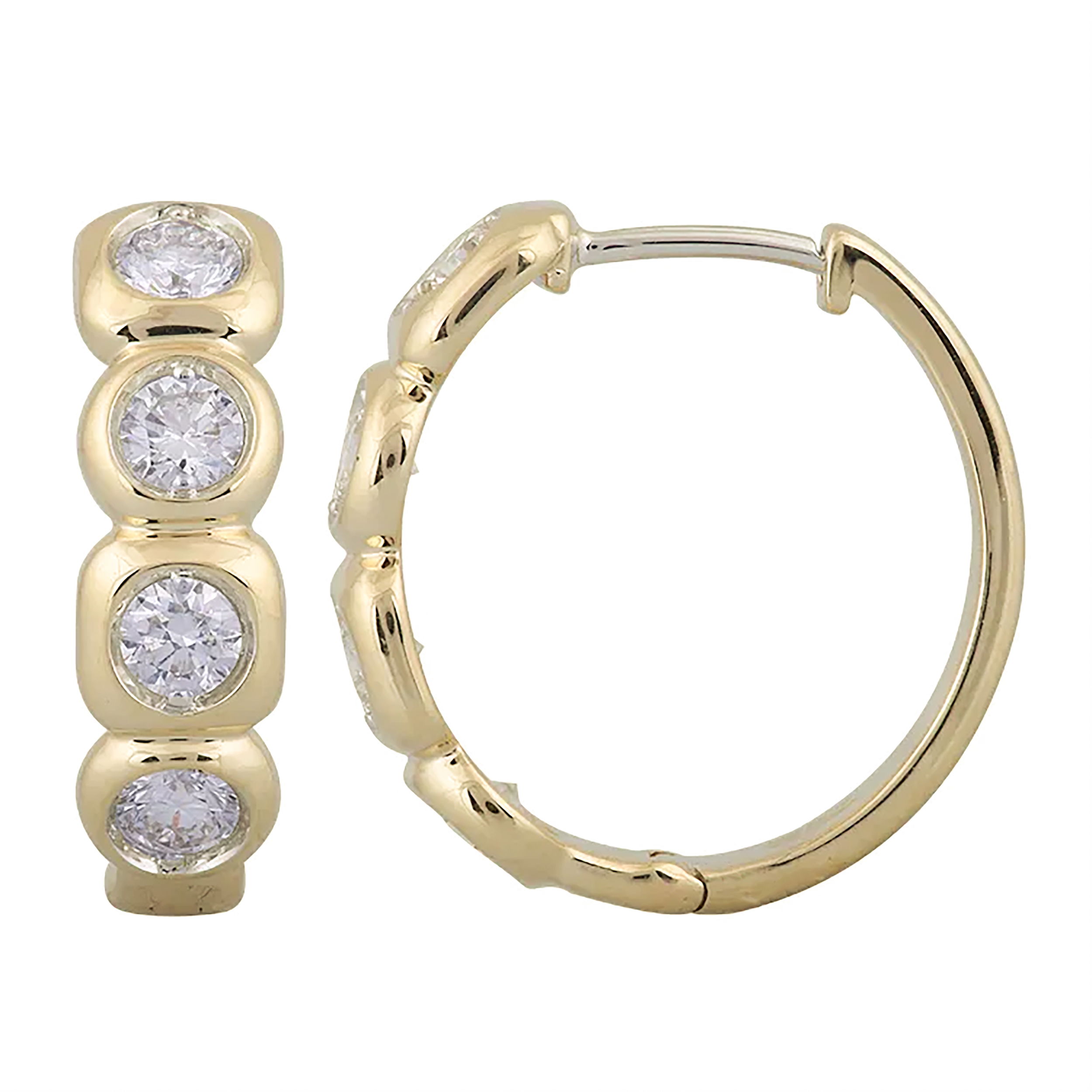 Simple yet timeless, these yellow gold huggies with sparkling diamonds are a classic and beautiful addition to any style, outfit, and jewelry collection.-14k Yellow gold-Round diamonds, 0.92ctsItem# 805-2000312 Bezel Style Diamond Huggies
