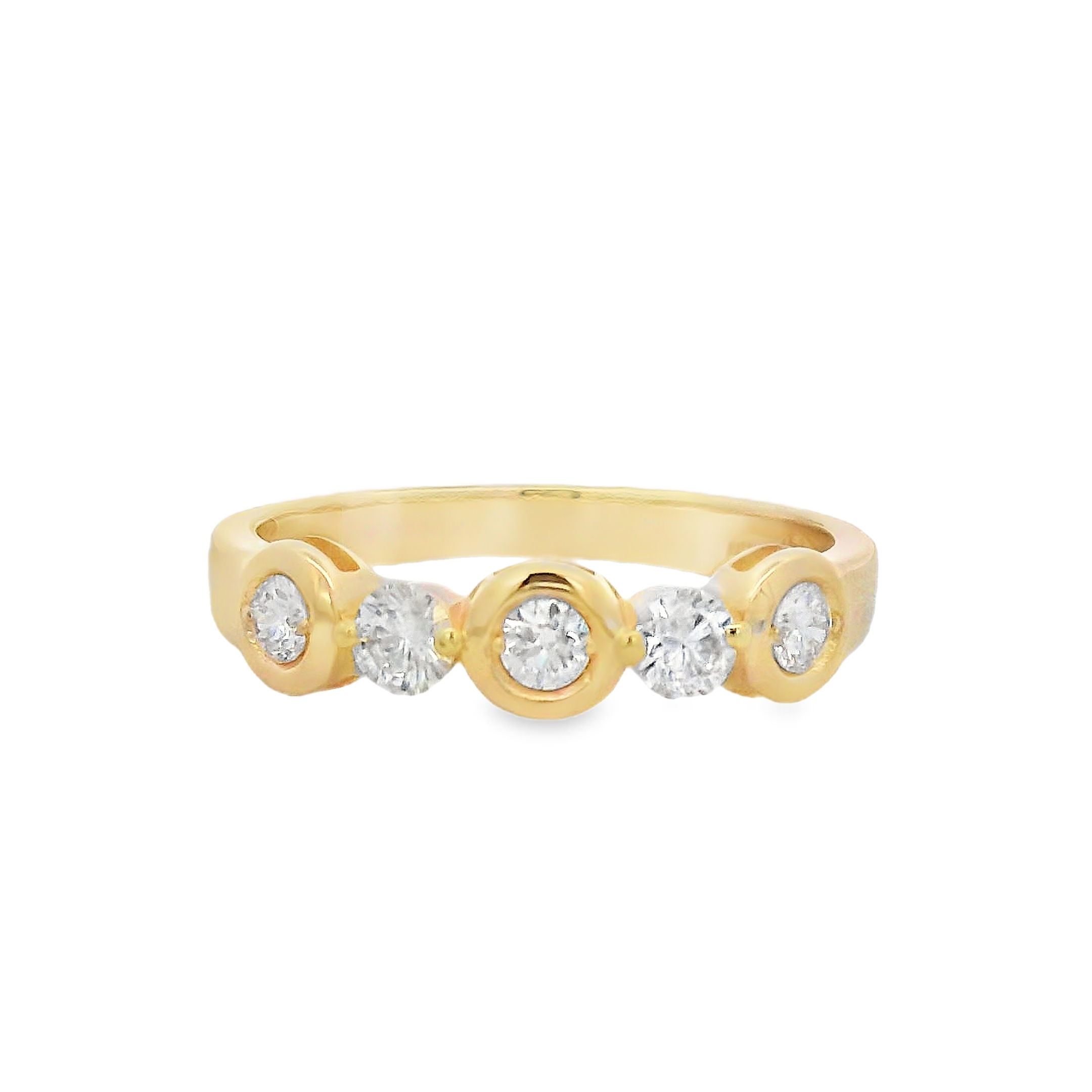 Featuring a total of five diamonds in a bezel set ring, this piece is the perfect addition to any ring stack, or it can be worn as a stunning standalone.-14k Yellow gold-Round diamonds, 0.45ctsItem# 804-2000172 Bezel Set Diamond Ring
