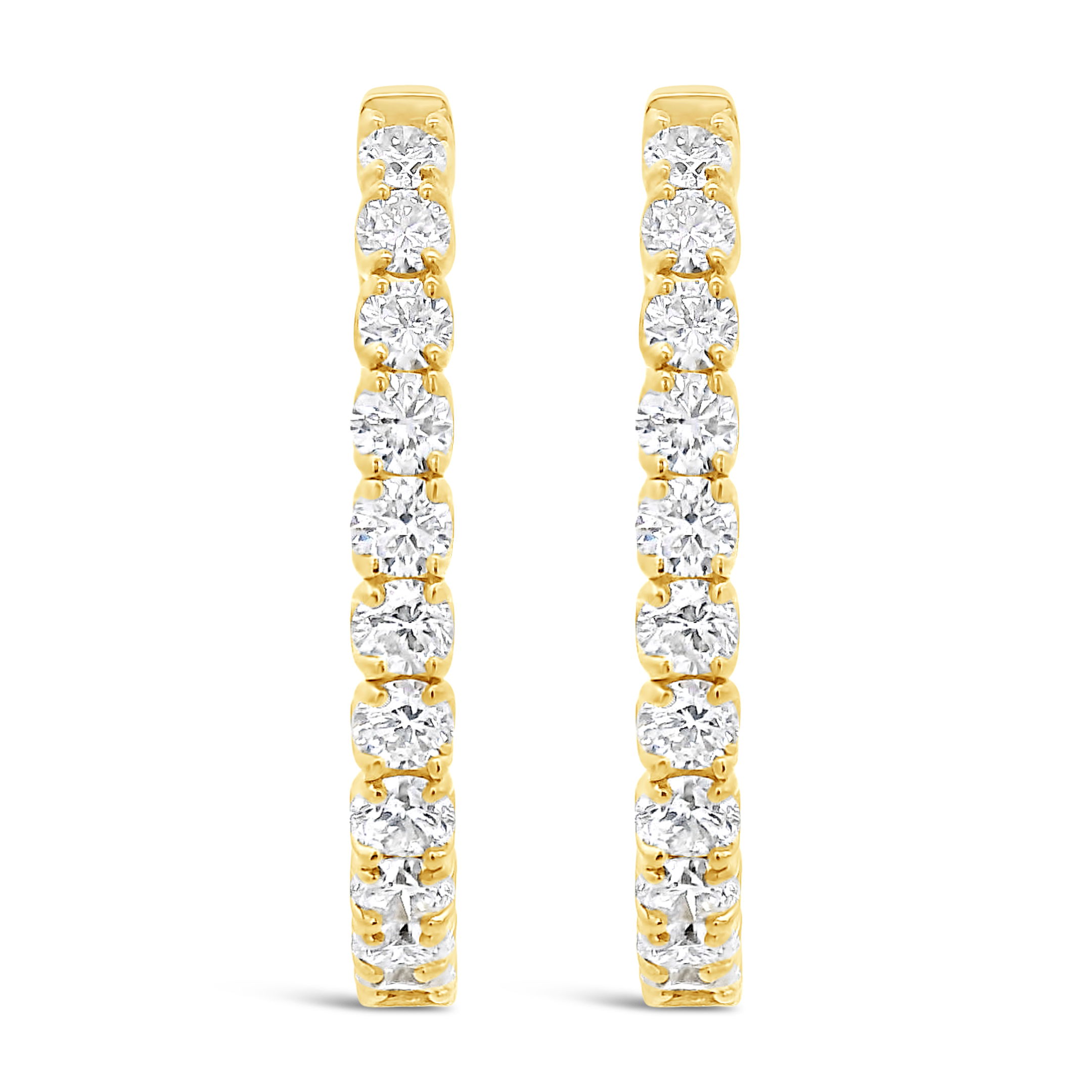 These hoops feature dazzling diamonds set along both the outer and inner edges, ensuring brilliance from every angle. Their timeless design and radiant sparkle make them a perfect statement piece for any occasion.-14k Yellow gold-Round white diamonds, 5.00ctsItem# 805-2000314 Inside Out Diamond Hoops