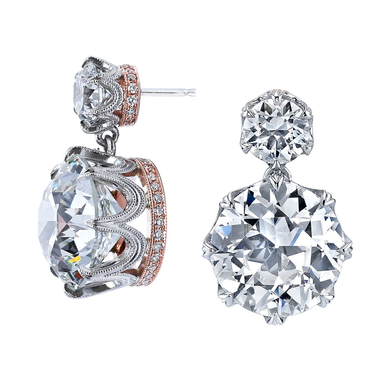Joshua J. Fine Jewelry is a designer recognized for his innovative and multifaceted jewelry collections. His pieces are an unparalleled blend of brilliance, beauty, and craftsmanship.-18k White & rose gold-Old european diamond, 6.36ct-Old european diamond, 6.04ct-Old european diamonds, 1.34cts-Round diamonds, 0.27ctsItem# 150-2000044 Old European Dangle Earrings