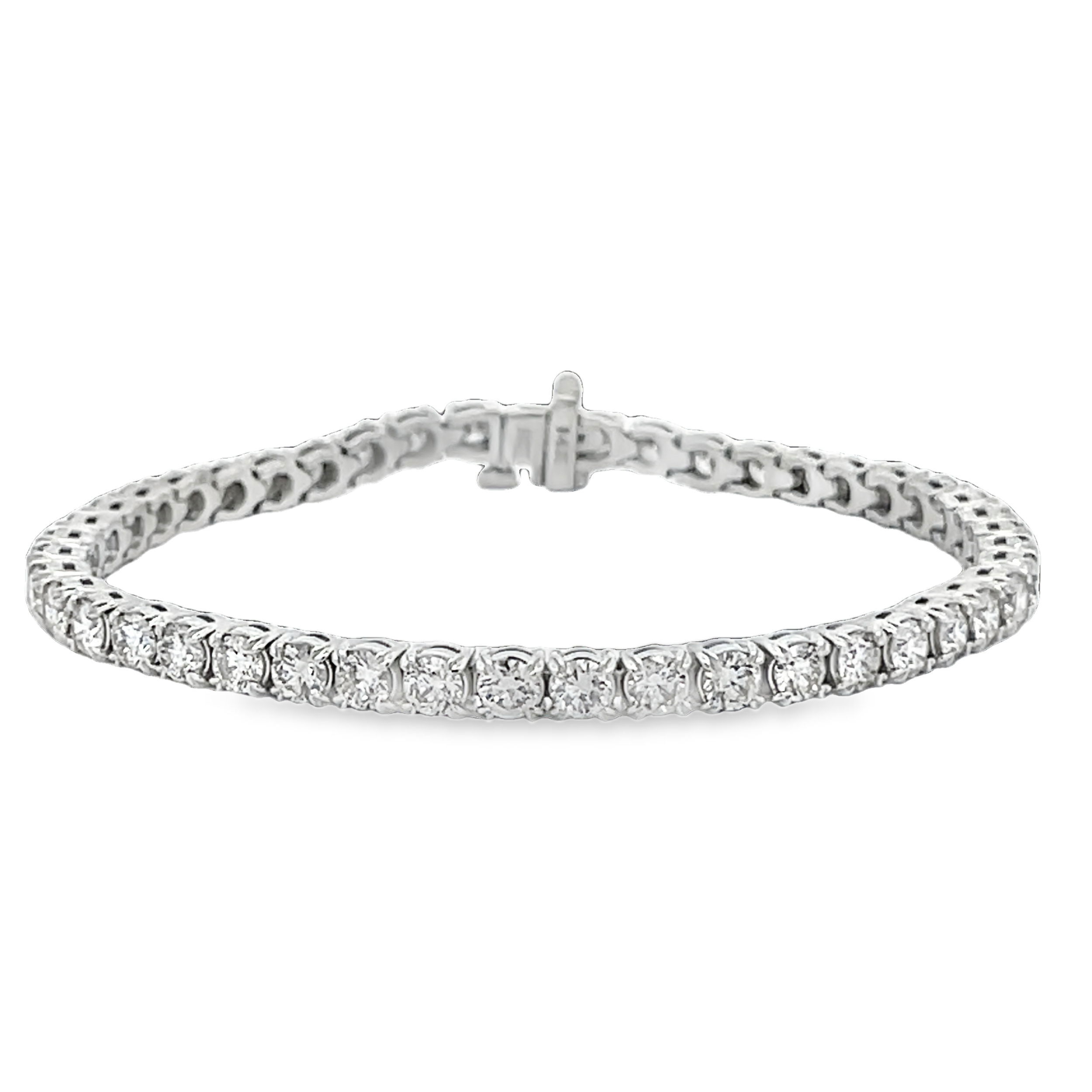 With a modern twist on a classic design, this bracelet is the perfect addition to any style, outfit, or jewelry collection, becoming a beautiful statement piece or a stunning standalone.-14k White gold-Round diamonds, 7.06ctsItem# 808-2000169 Diamond Line Bracelet