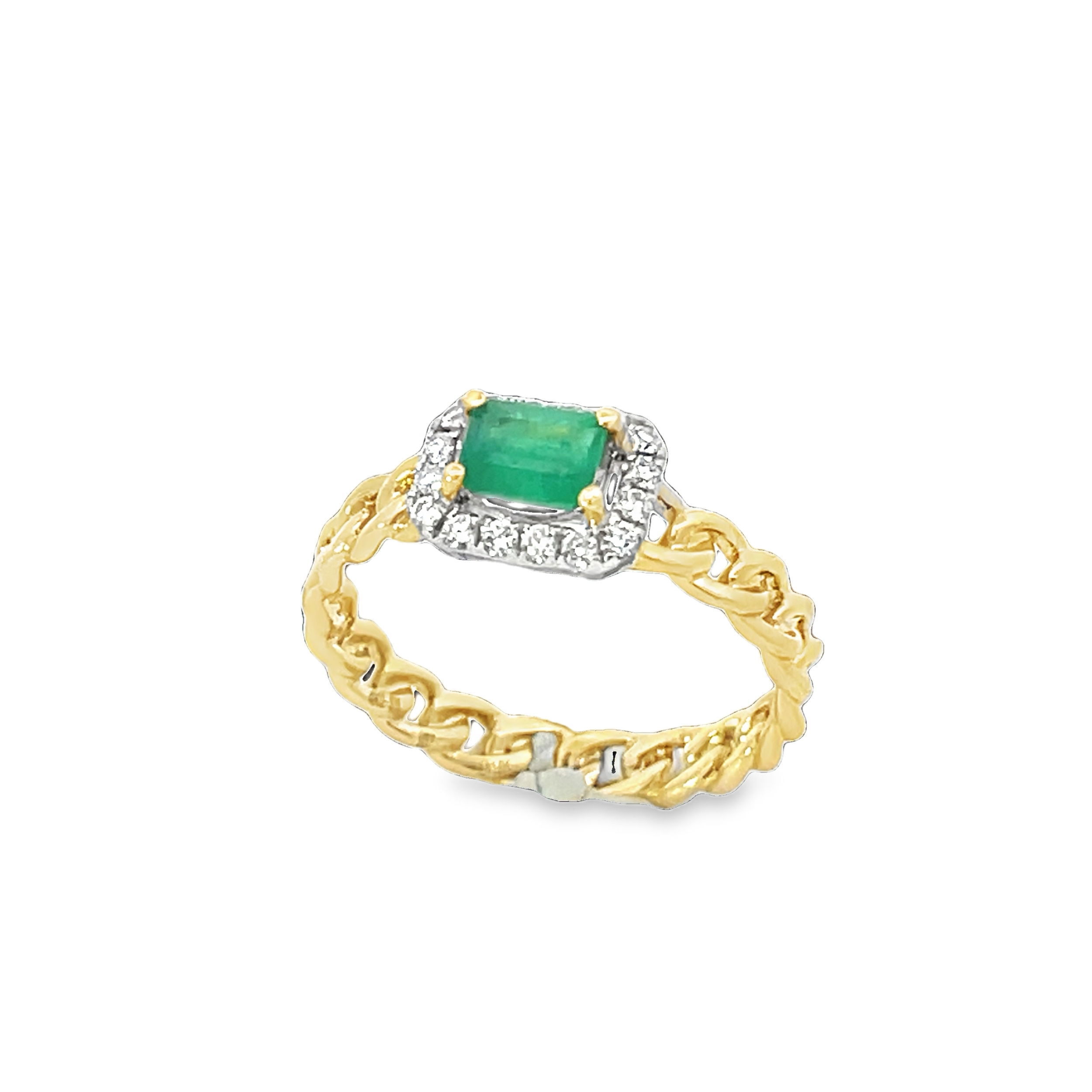 This chic ring has a trendy edgy vibe while still boasting with class. For daily wear or special occasions, this piece will always be appreciated. -14k Yellow and white gold-Emerald, 0.46cts-Round diamonds, 0.16ctsItem# 804-2000177 Emerald and Diamond Link Ring