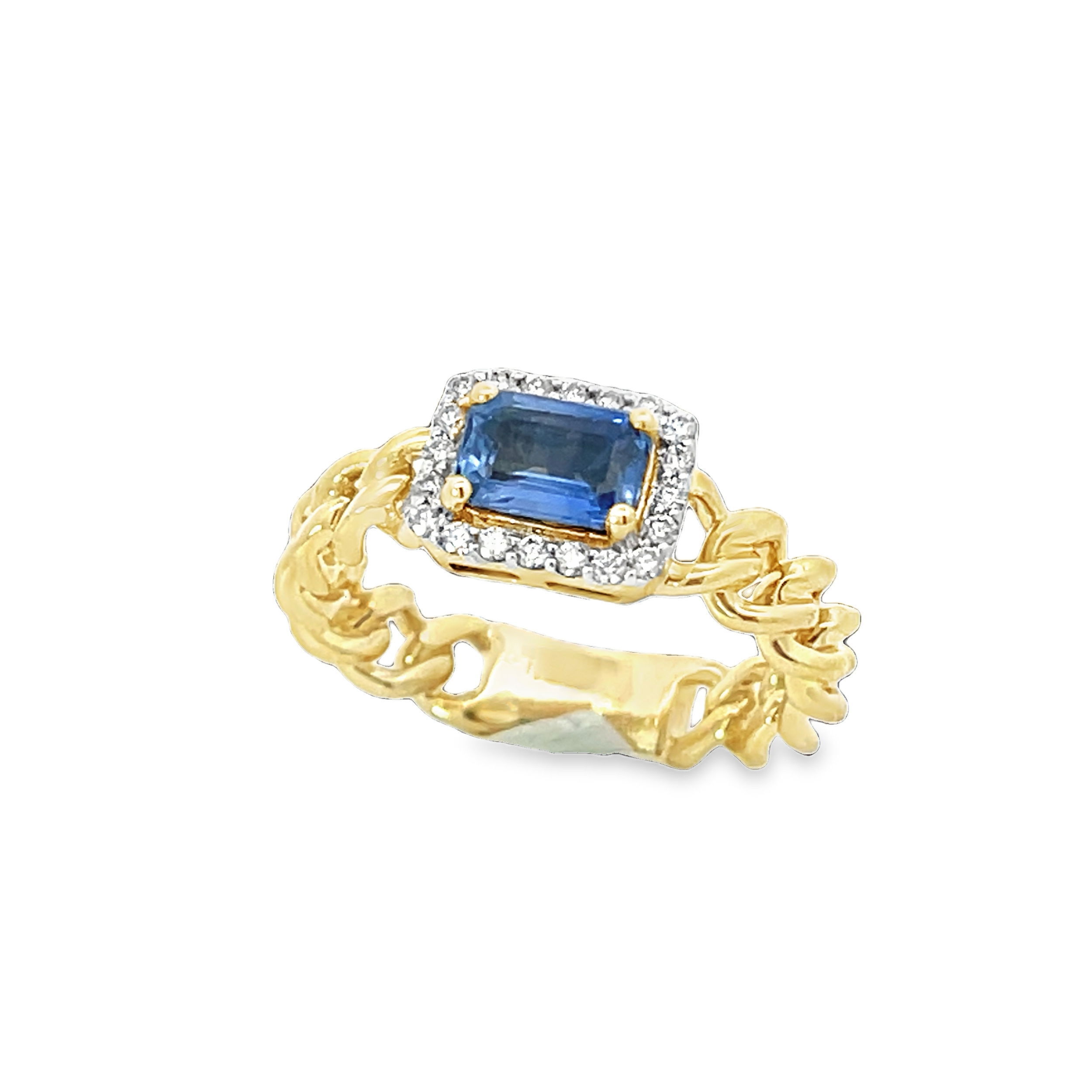This chic ring has a trendy edgy vibe while still boasting with class. For daily wear or special occasions, this piece will always be appreciated. -14k Yellow gold-Emerald cut Blue Sapphire, 1.15cts-Round diamonds, 0.15ctsItem# 804-2000178 Sapphire and Diamond Link Ring